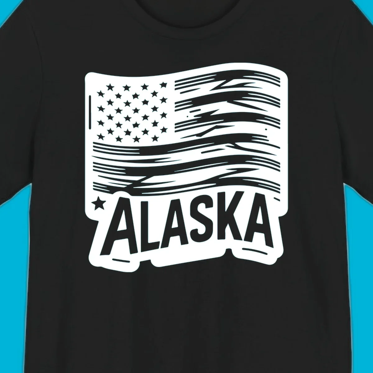 A stylized, distressed alaska distressed flag badge design with stars on the left and wavy stripes, and 'ALASKA' text below.