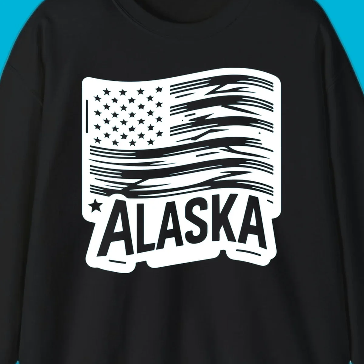 A stylized, distressed alaska distressed flag badge design with stars on the left and wavy stripes, and 'ALASKA' text below.