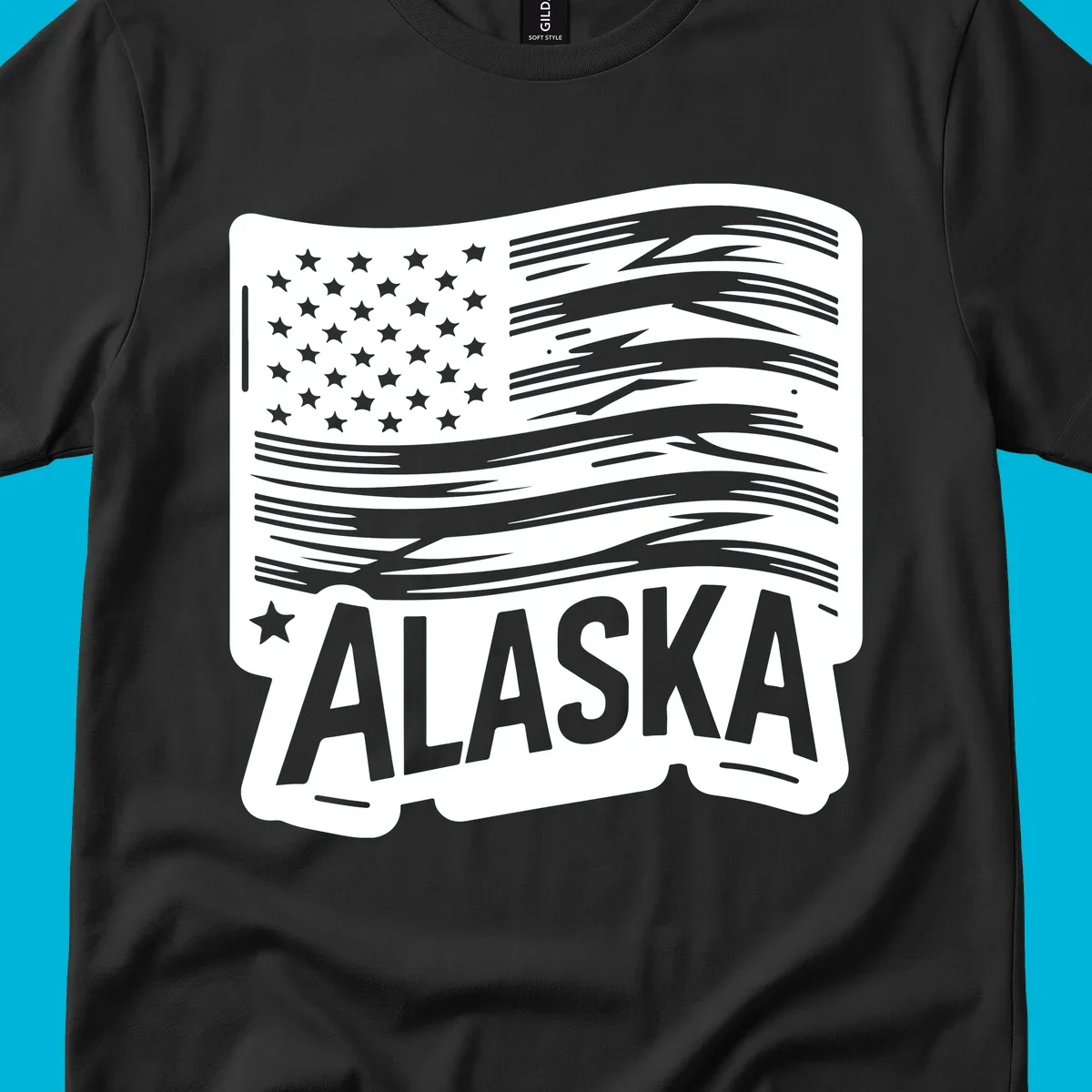 A stylized, distressed alaska distressed flag badge design with stars on the left and wavy stripes, and 'ALASKA' text below.