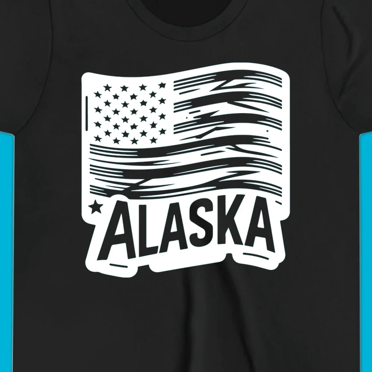 A stylized, distressed alaska distressed flag badge design with stars on the left and wavy stripes, and 'ALASKA' text below.