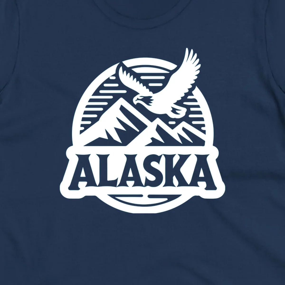 Vintage Alaska badge design with a flying eagle over mountains and 'ALASKA' text in a banner.