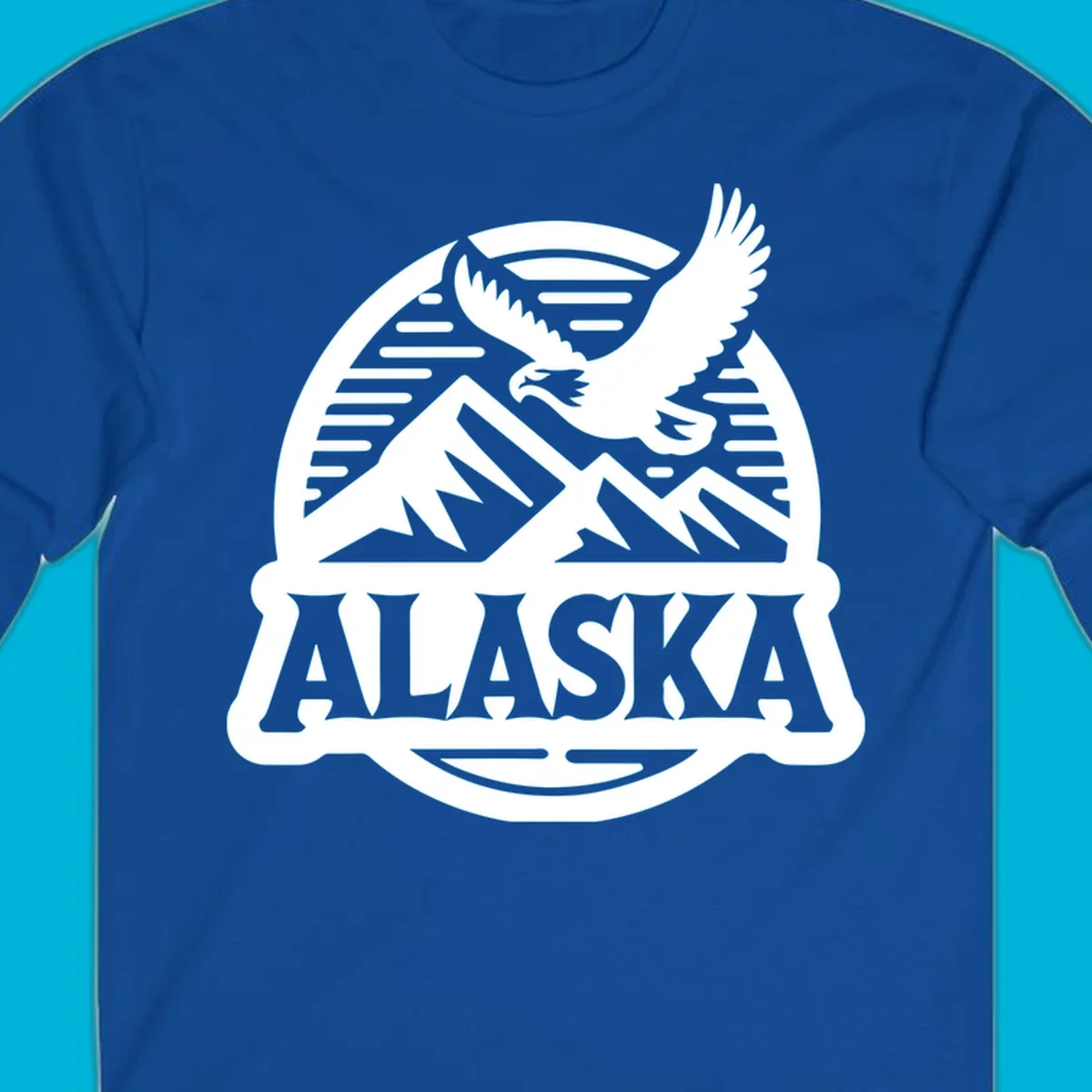 Vintage Alaska badge design with a flying eagle over mountains and 'ALASKA' text in a banner.