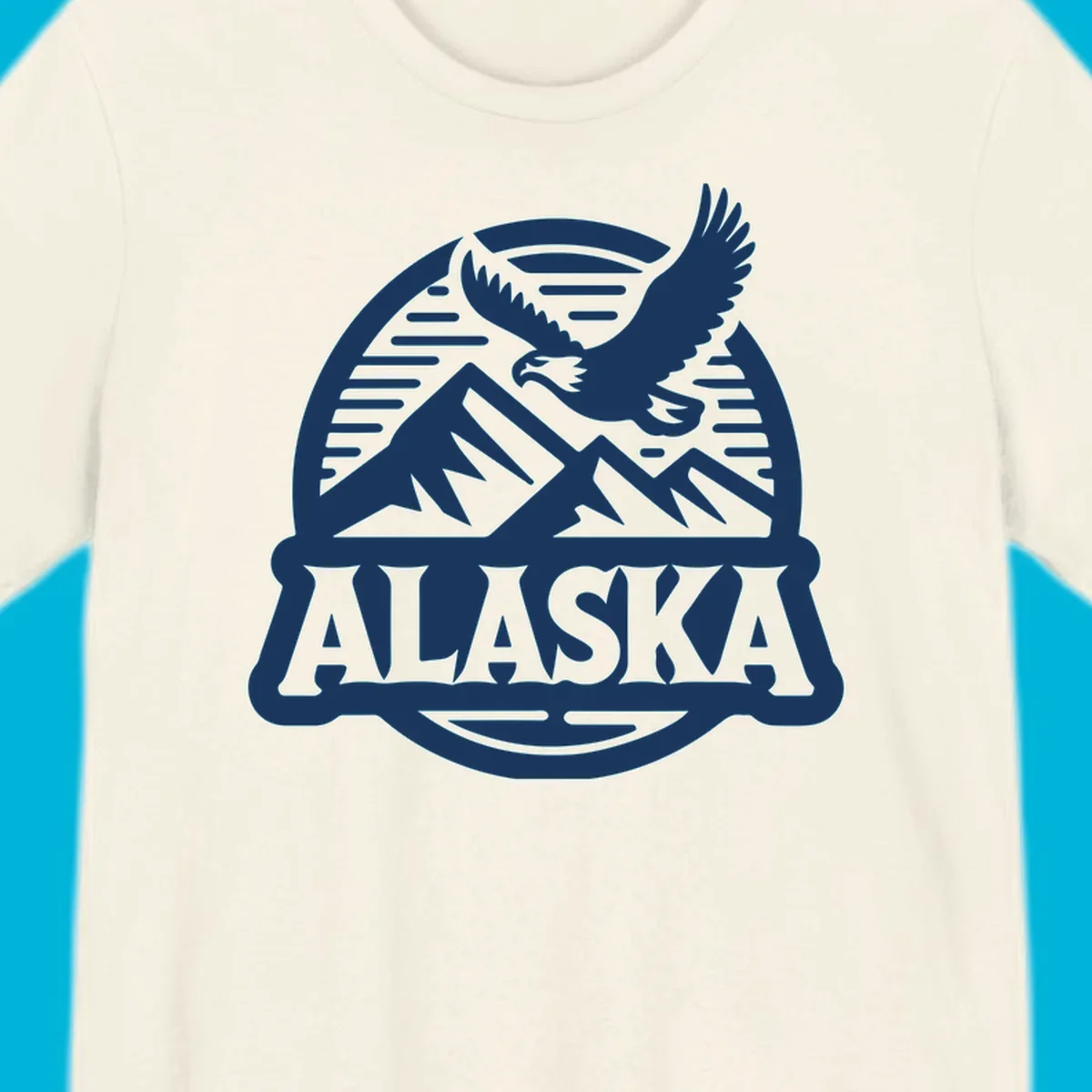 Vintage Alaska badge design with a flying eagle over mountains and 'ALASKA' text in a banner.