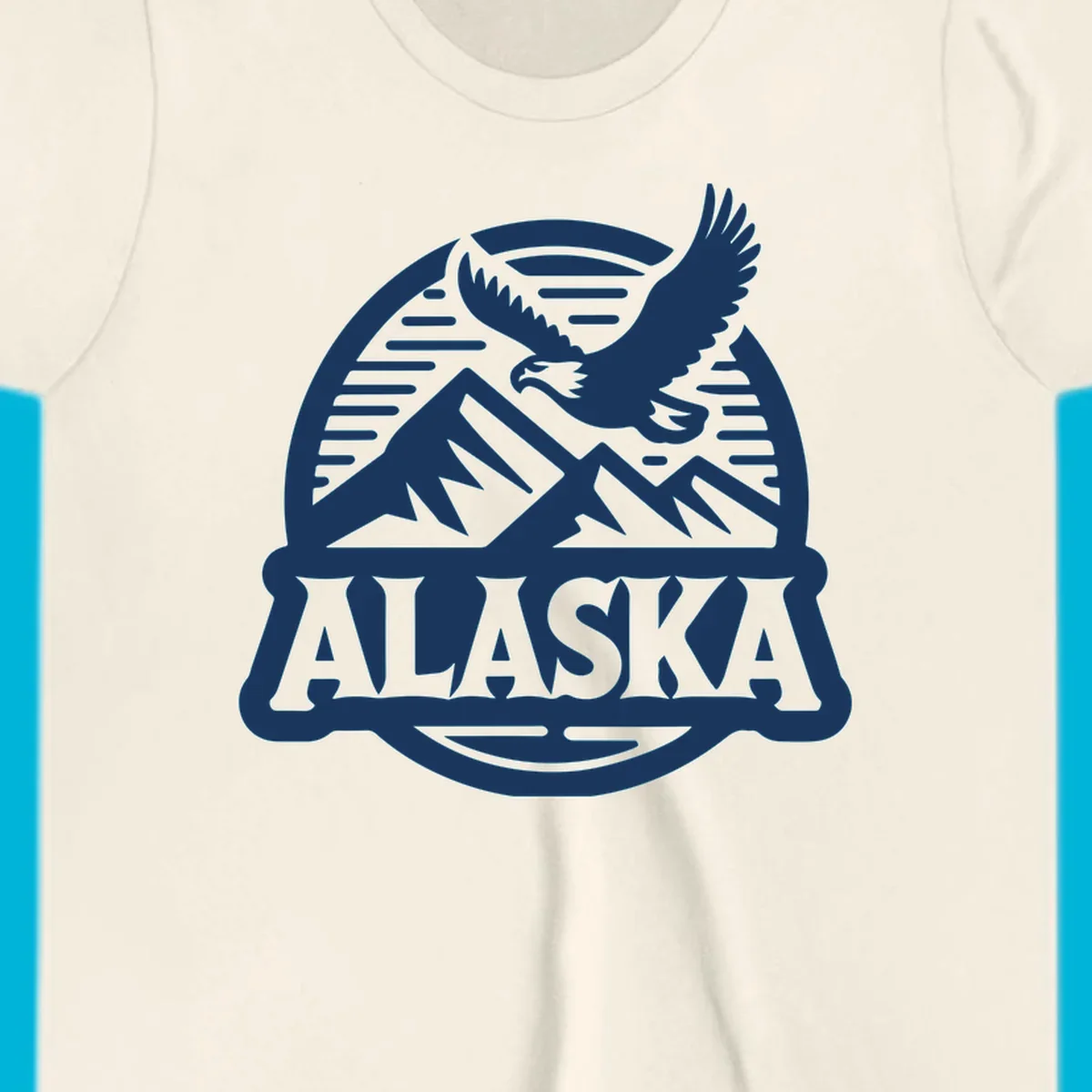 Vintage Alaska badge design with a flying eagle over mountains and 'ALASKA' text in a banner.