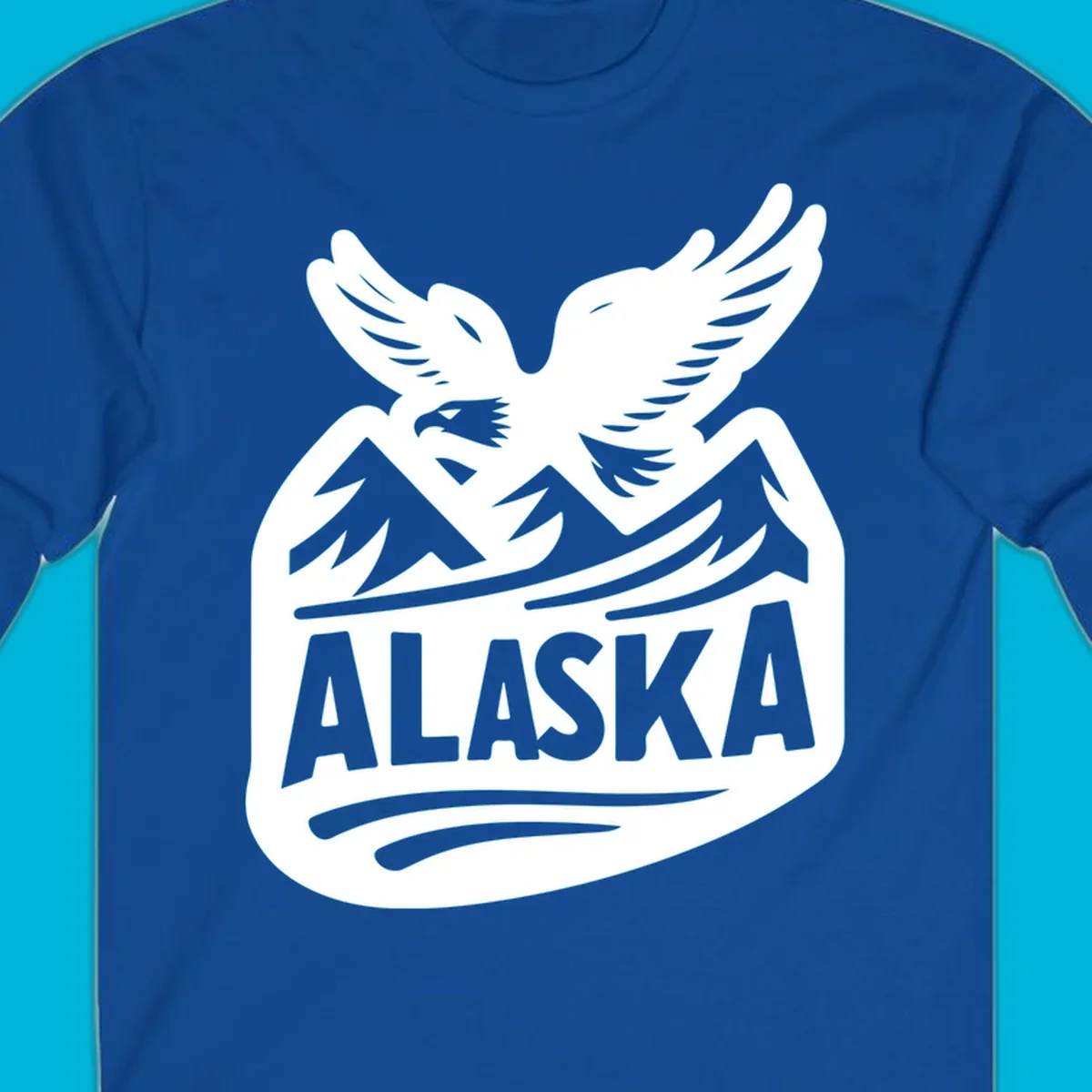 A white and dark blue badge design showing a flying eagle over mountain peaks with "ALASKA" text, for a cruise souvenir.