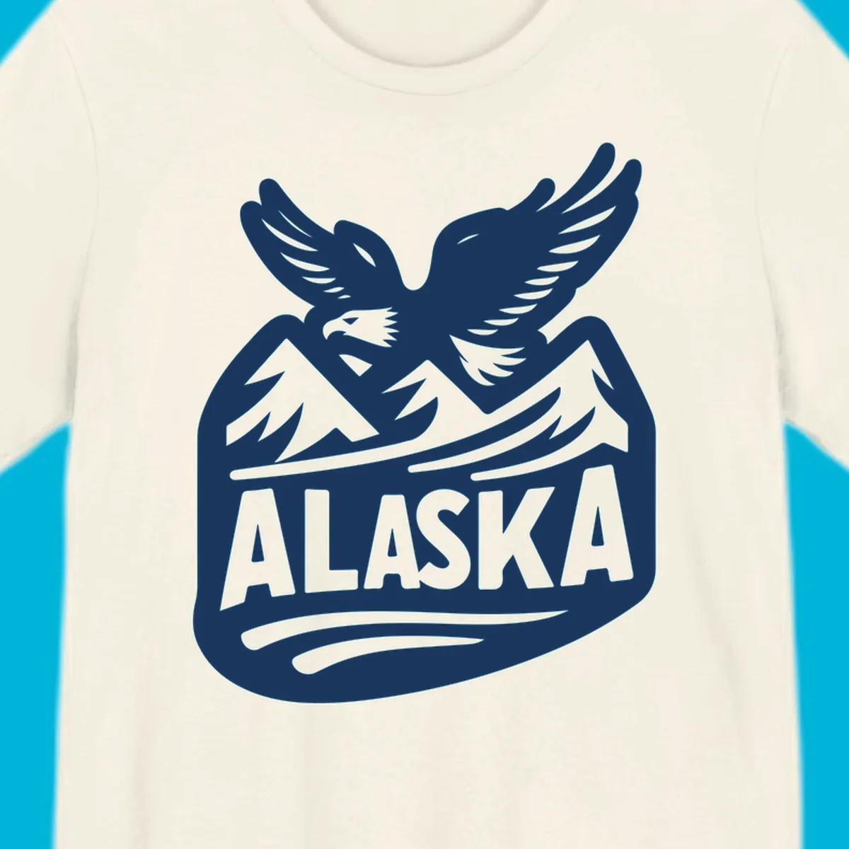 A white and dark blue badge design showing a flying eagle over mountain peaks with "ALASKA" text, for a cruise souvenir.