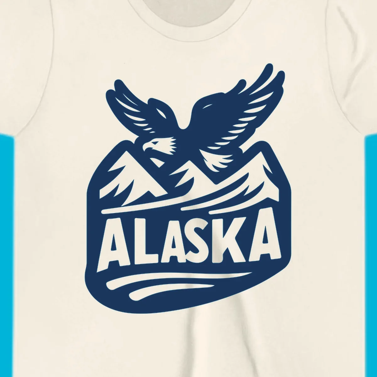 A white and dark blue badge design showing a flying eagle over mountain peaks with "ALASKA" text, for a cruise souvenir.