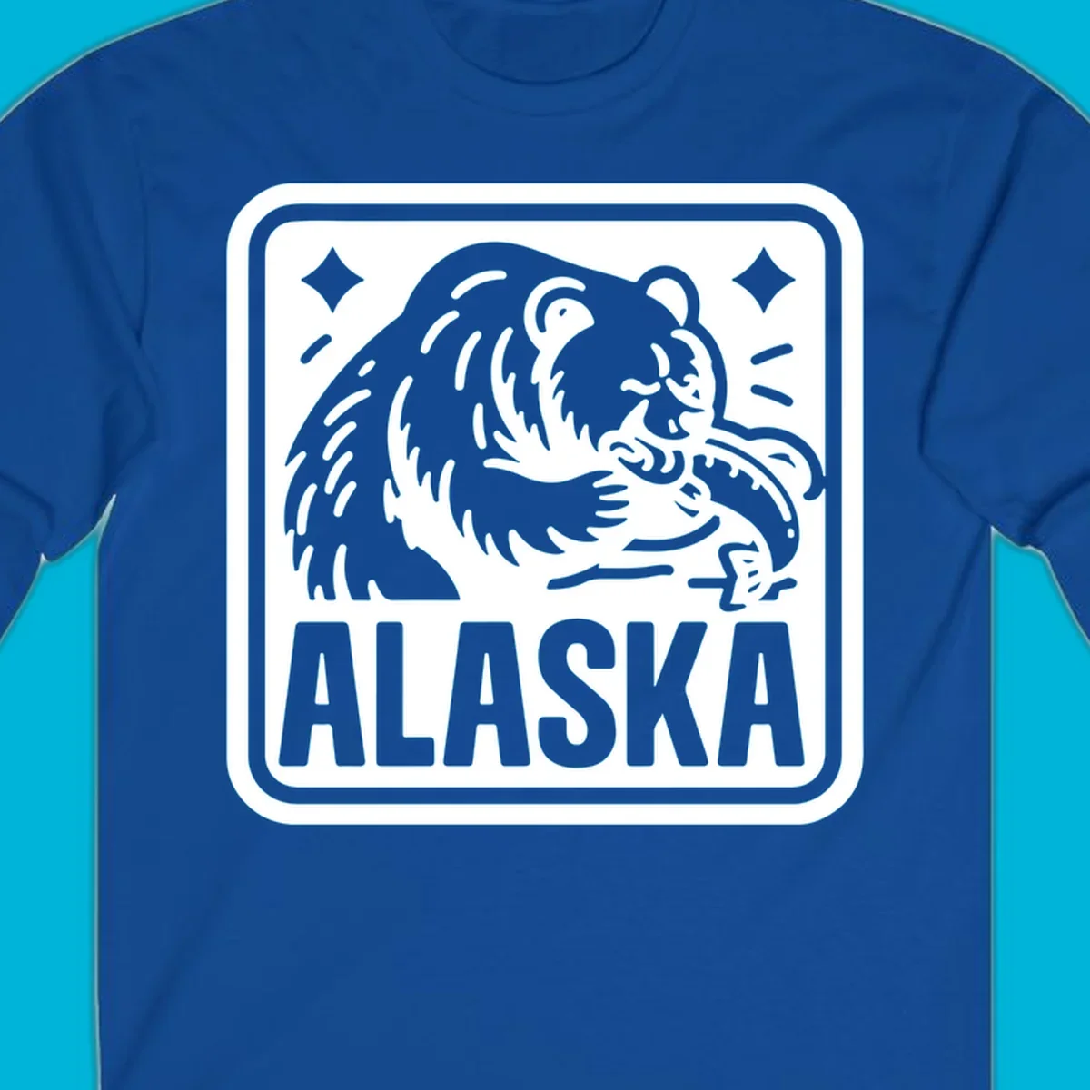 A white alaskan grizzly salmon fishing illustration within a rectangular badge, with 'ALASKA' text.