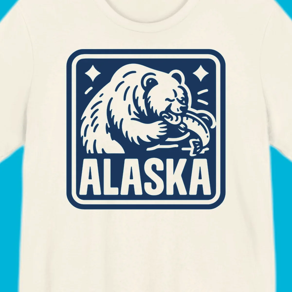 A white alaskan grizzly salmon fishing illustration within a rectangular badge, with 'ALASKA' text.