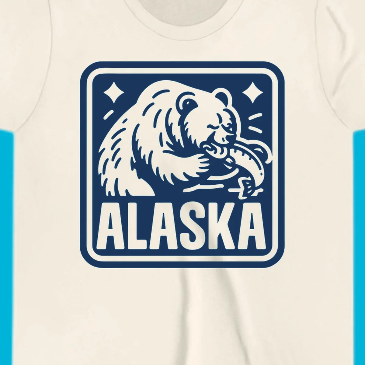 A white alaskan grizzly salmon fishing illustration within a rectangular badge, with 'ALASKA' text.