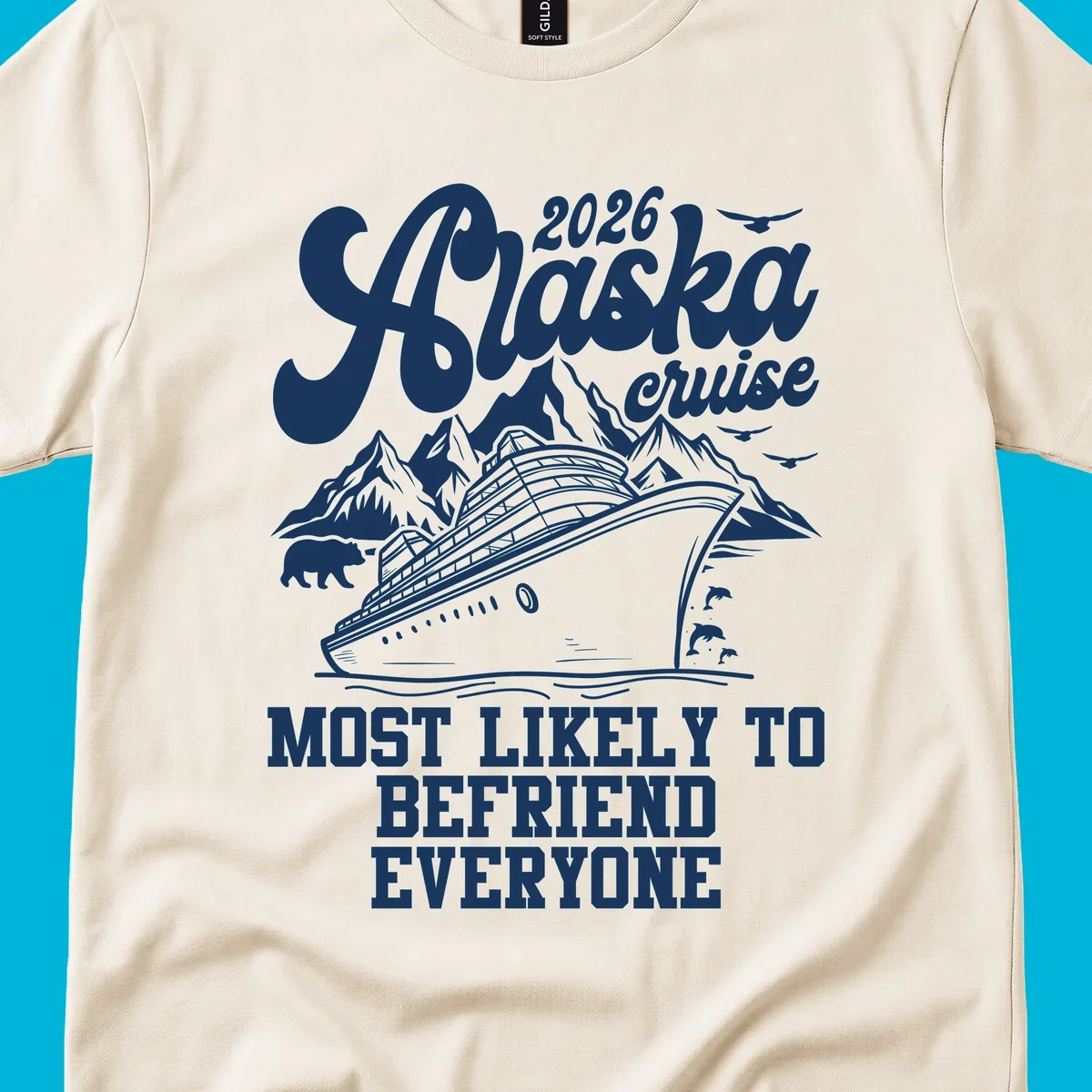 A scenic illustration for a 2026 Alaska cruise, showing a ship, mountains, bear, dolphins, and "Most Likely To Befriend Everyone" text.