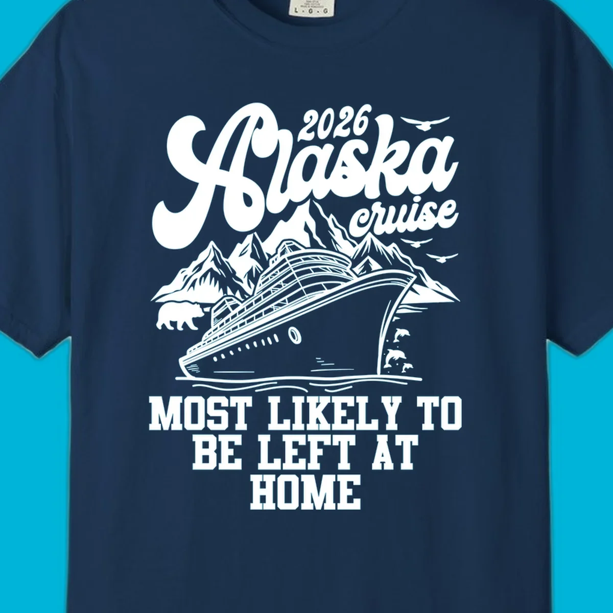 A white illustration on a dark background showing a cruise ship, mountains, a bear, and dolphins, with the text '2026 Alaska cruise MOST LIKELY TO BE LEFT AT HOME'. This is the alaska-cruise-left-at-home concept.