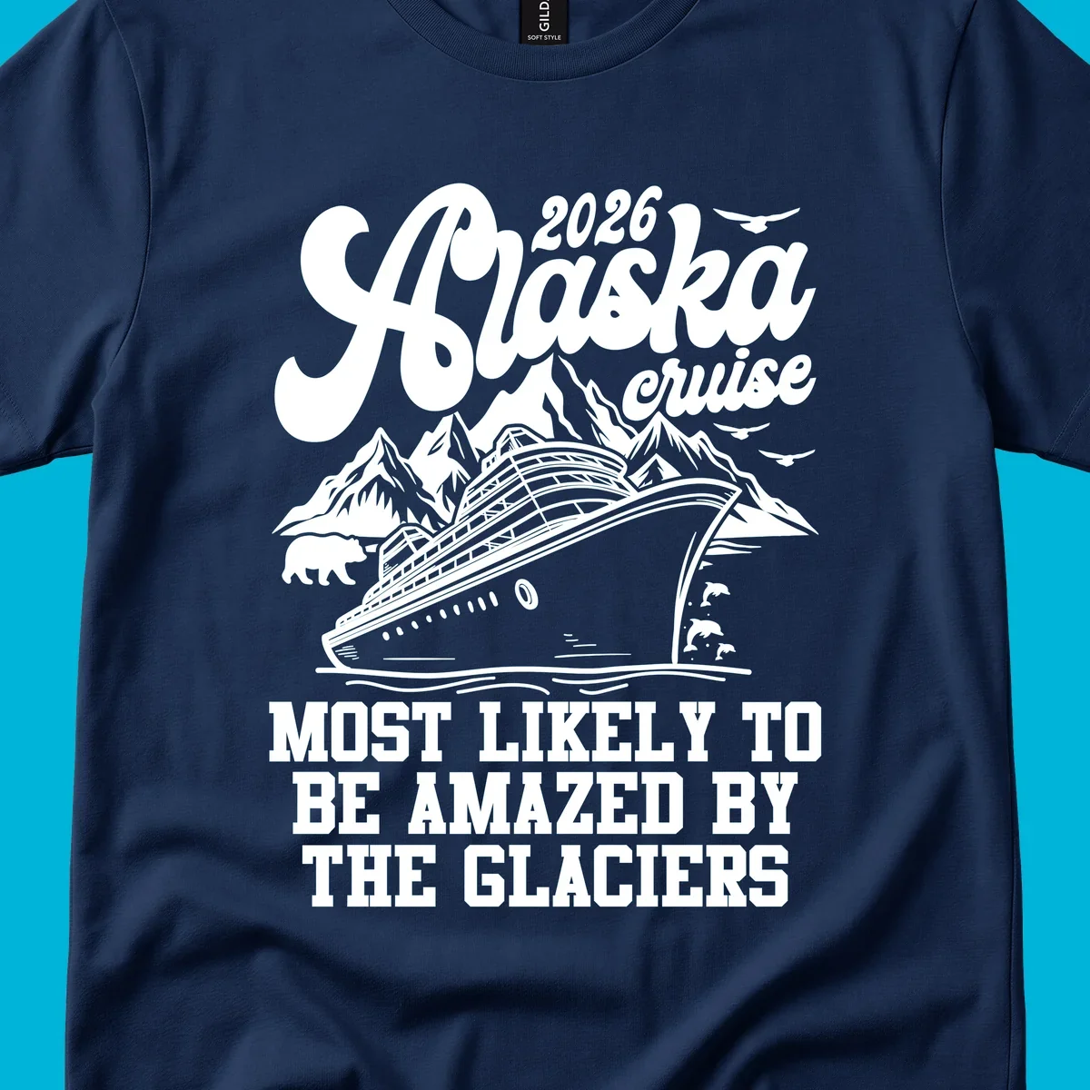 An illustration of an Alaska cruise ship sailing past mountains, a bear, and dolphins, with text "2026 Alaska cruise" and "Most Likely to be Amazed by Glaciers."