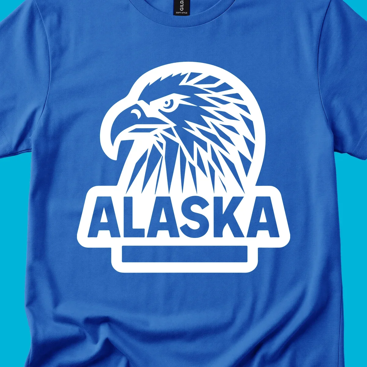 Stylized alaska geometric eagle head facing right with 'ALASKA' text below, all within a clean badge shape.