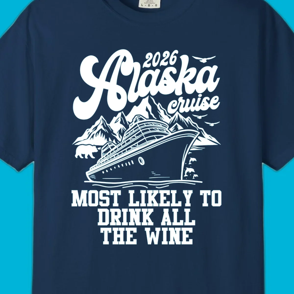 Monochrome illustration for a 2026 Alaska cruise drink wine design, featuring a ship, mountains, bear, dolphins, and birds.