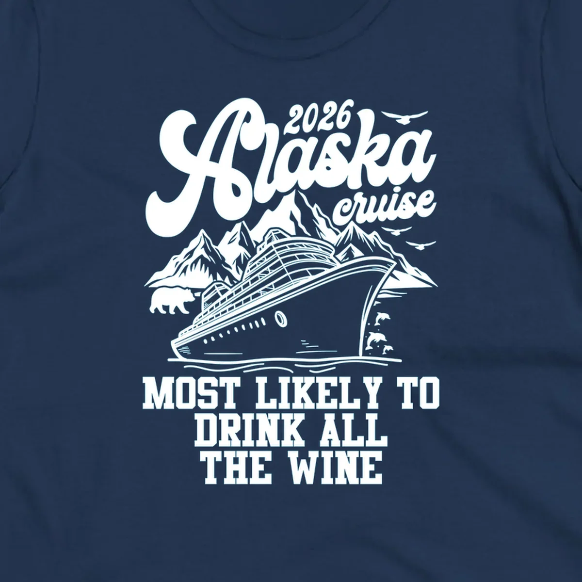 Monochrome illustration for a 2026 Alaska cruise drink wine design, featuring a ship, mountains, bear, dolphins, and birds.