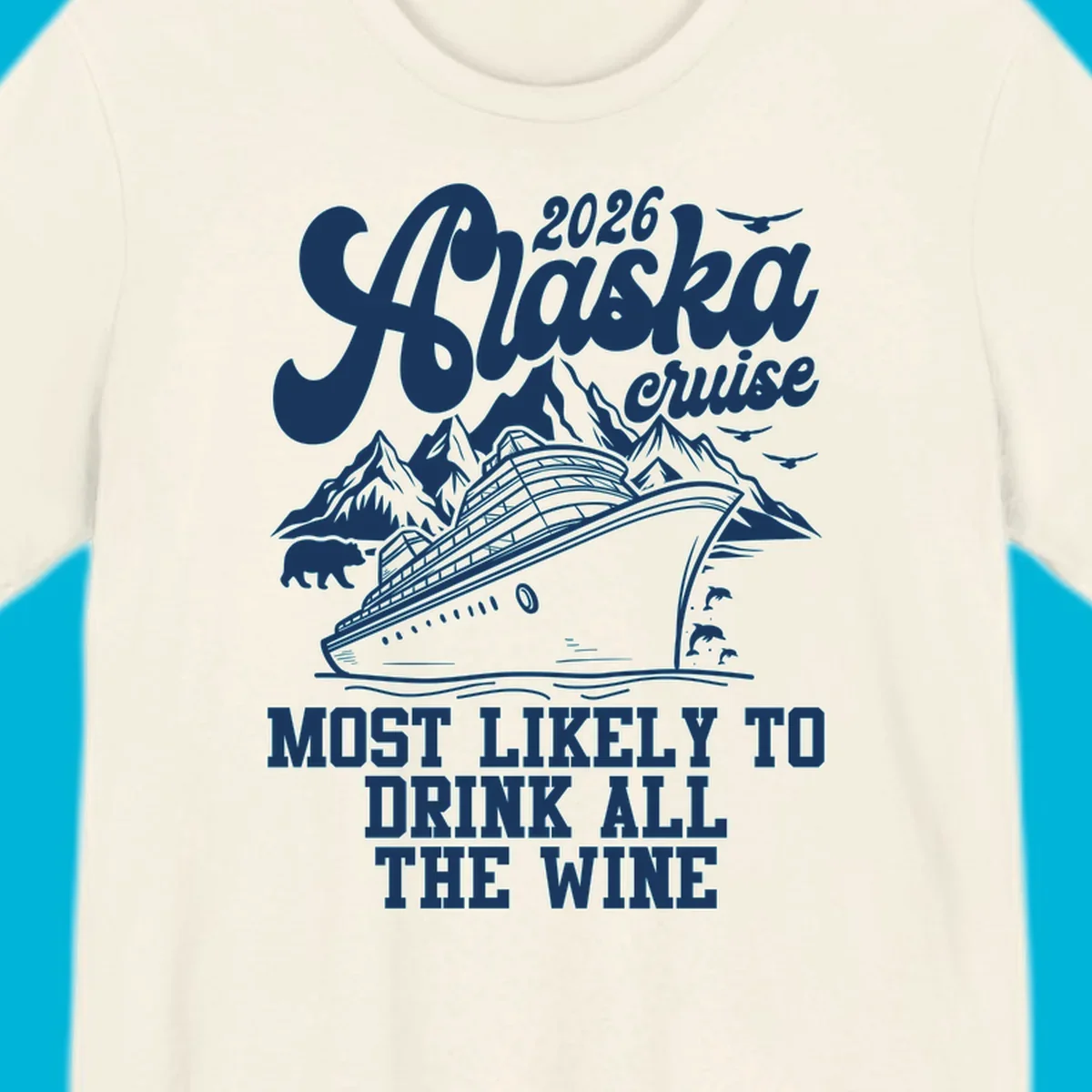 Monochrome illustration for a 2026 Alaska cruise drink wine design, featuring a ship, mountains, bear, dolphins, and birds.
