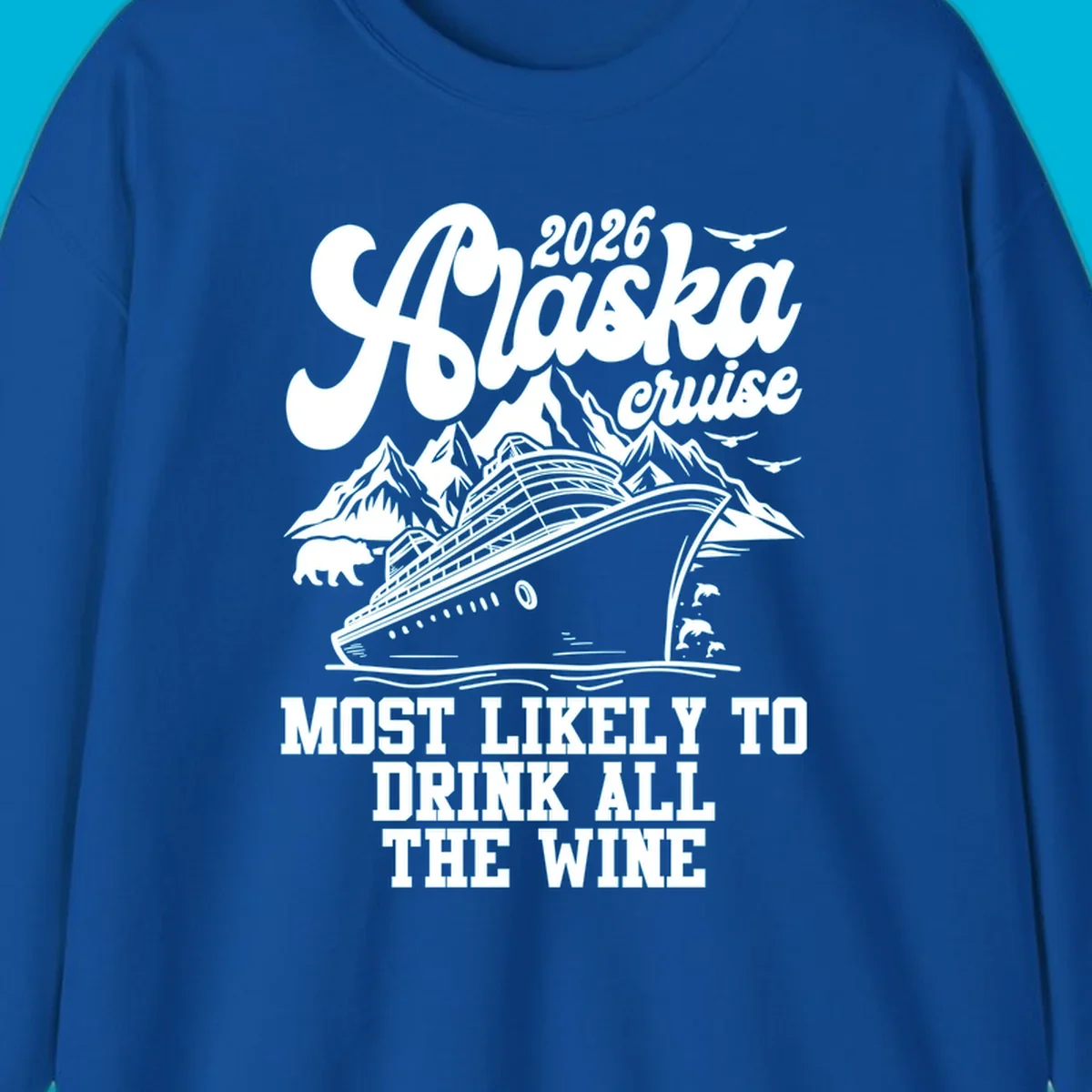 Monochrome illustration for a 2026 Alaska cruise drink wine design, featuring a ship, mountains, bear, dolphins, and birds.