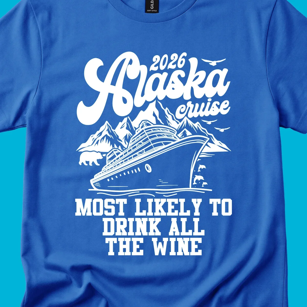 Monochrome illustration for a 2026 Alaska cruise drink wine design, featuring a ship, mountains, bear, dolphins, and birds.