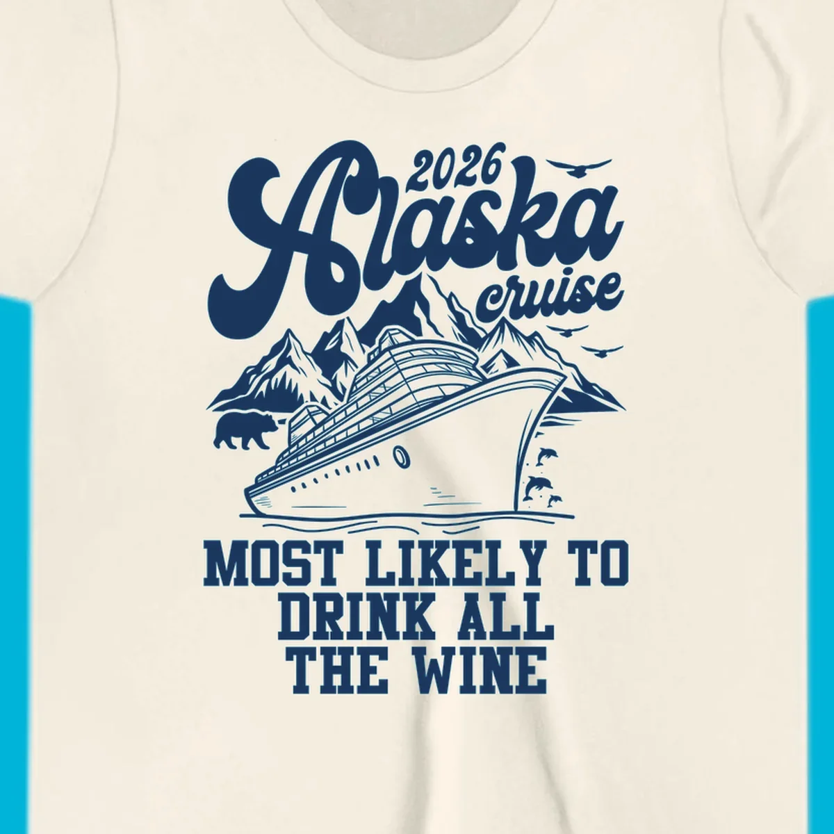 Monochrome illustration for a 2026 Alaska cruise drink wine design, featuring a ship, mountains, bear, dolphins, and birds.