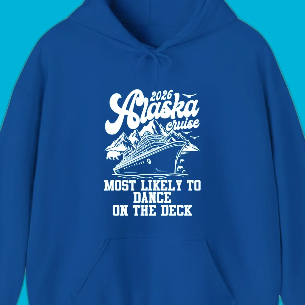 Illustration for 2026 Alaska cruise showing a cruise ship, mountains, bear, dolphins, and text 'MOST LIKELY TO DANCE ON THE DECK' for the most-likely-dance-deck concept.