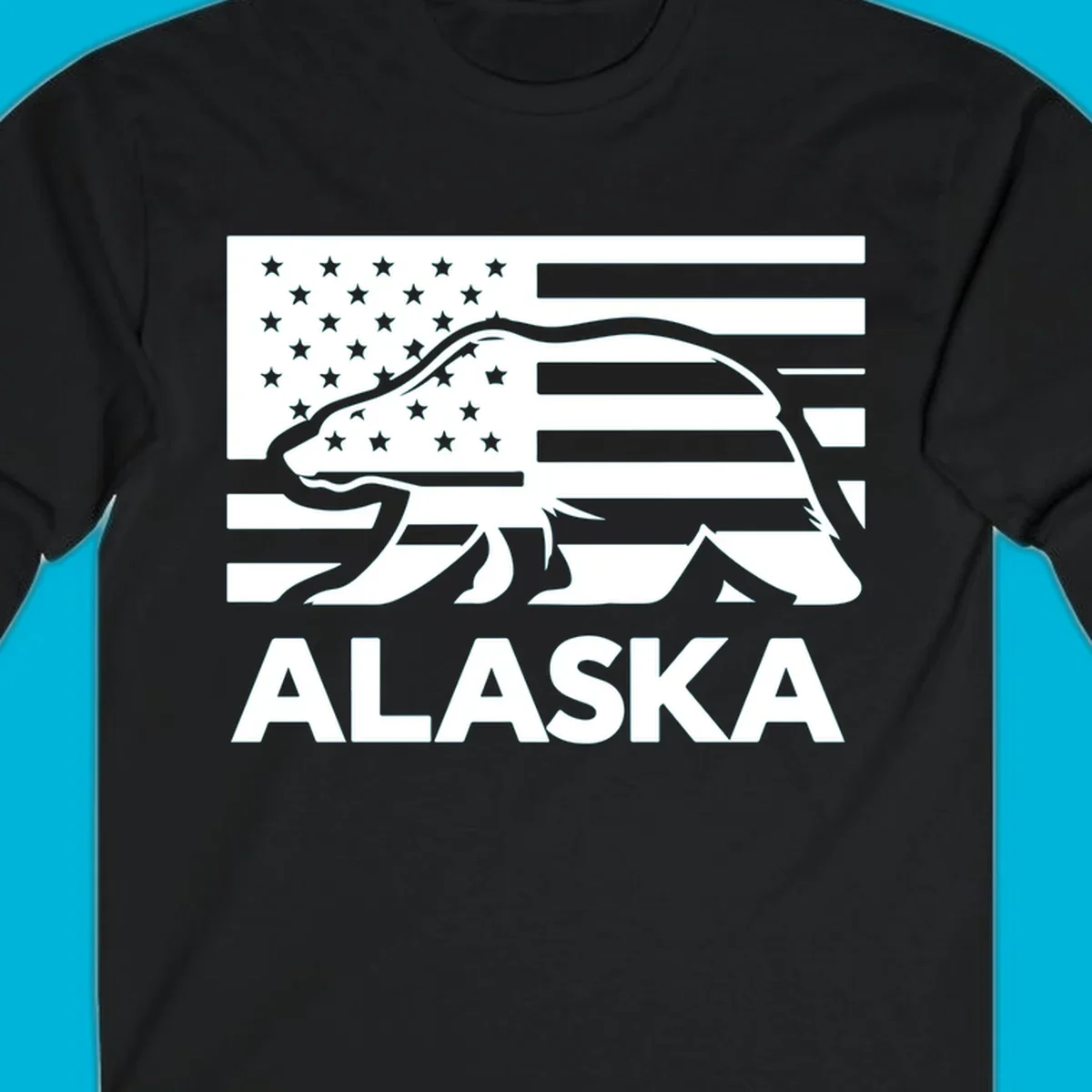 A walking bear silhouette filled with an American flag, with "ALASKA" text below. Features an alaska-bear-flag-silhouette.