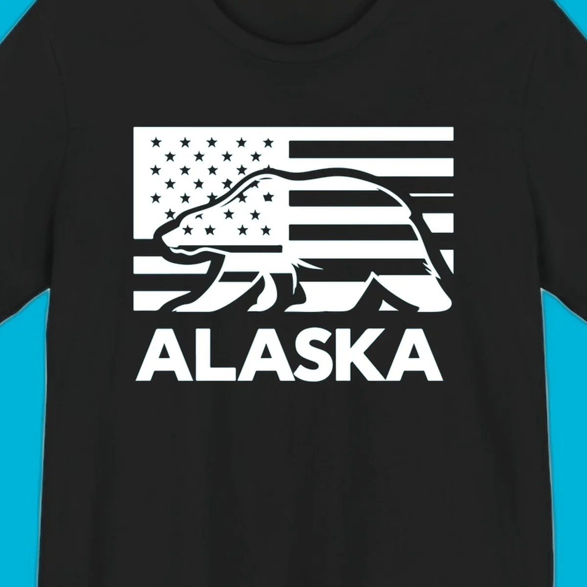 A walking bear silhouette filled with an American flag, with "ALASKA" text below. Features an alaska-bear-flag-silhouette.
