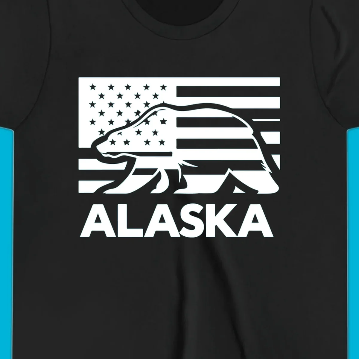 A walking bear silhouette filled with an American flag, with "ALASKA" text below. Features an alaska-bear-flag-silhouette.
