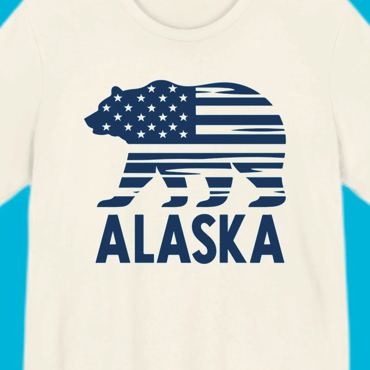 A white bear silhouette filled with the American flag and the text ALASKA. Represents an alaska-flag-bear.