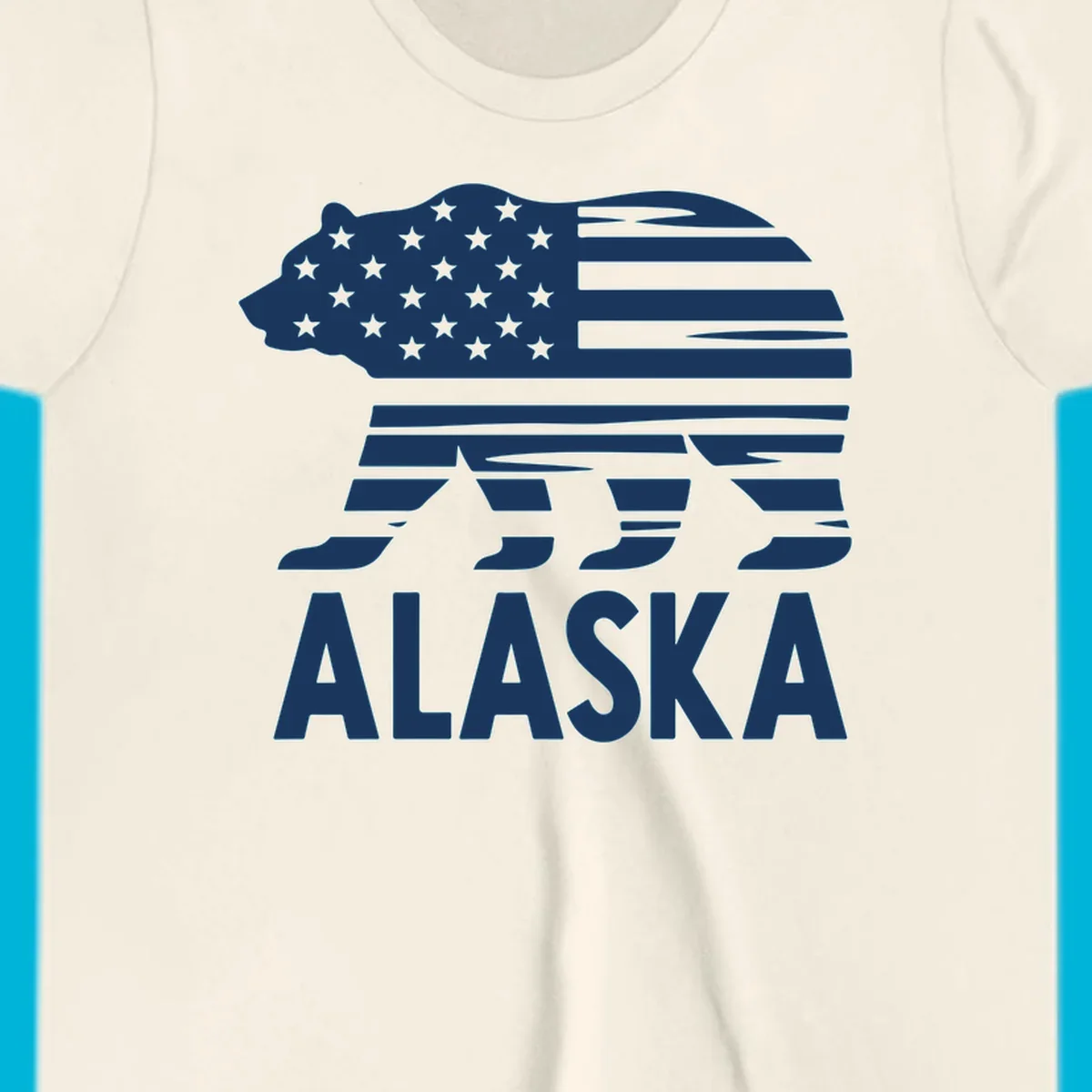 A white bear silhouette filled with the American flag and the text ALASKA. Represents an alaska-flag-bear.