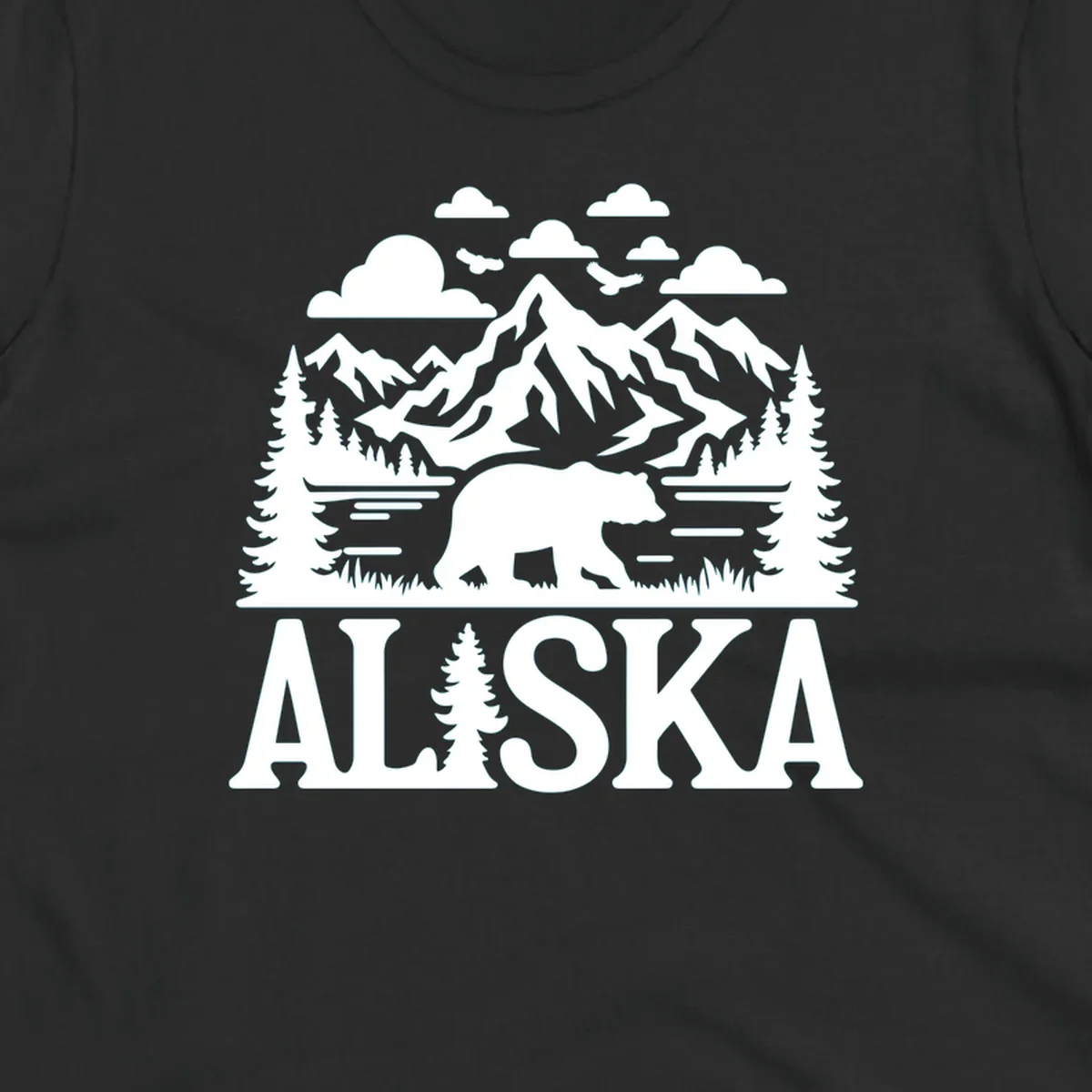 Graphic of an alaska-bear-mountain-view with a bear, mountains, forest, a lake, clouds, and birds, with 'ALASKA' text.