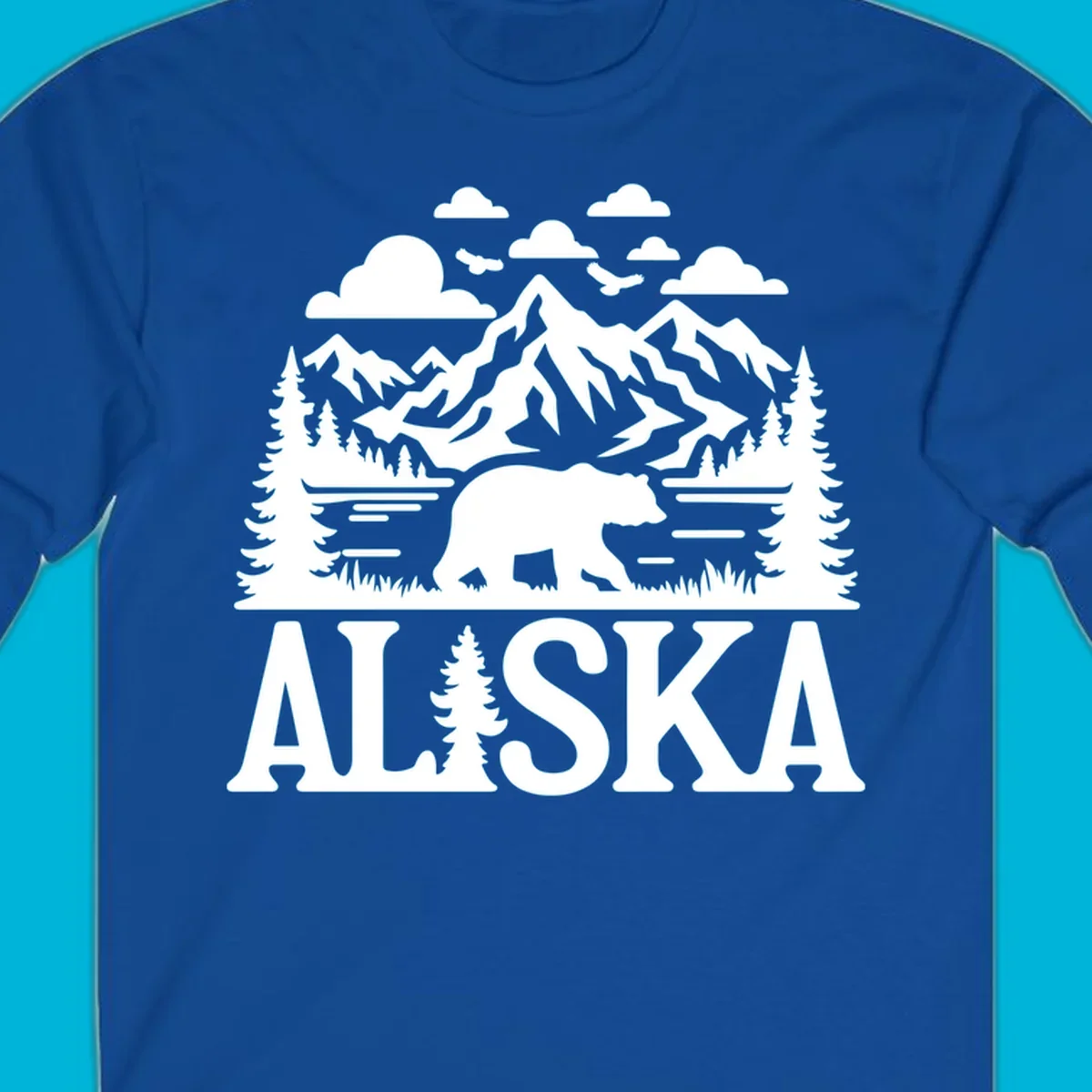 Graphic of an alaska-bear-mountain-view with a bear, mountains, forest, a lake, clouds, and birds, with 'ALASKA' text.