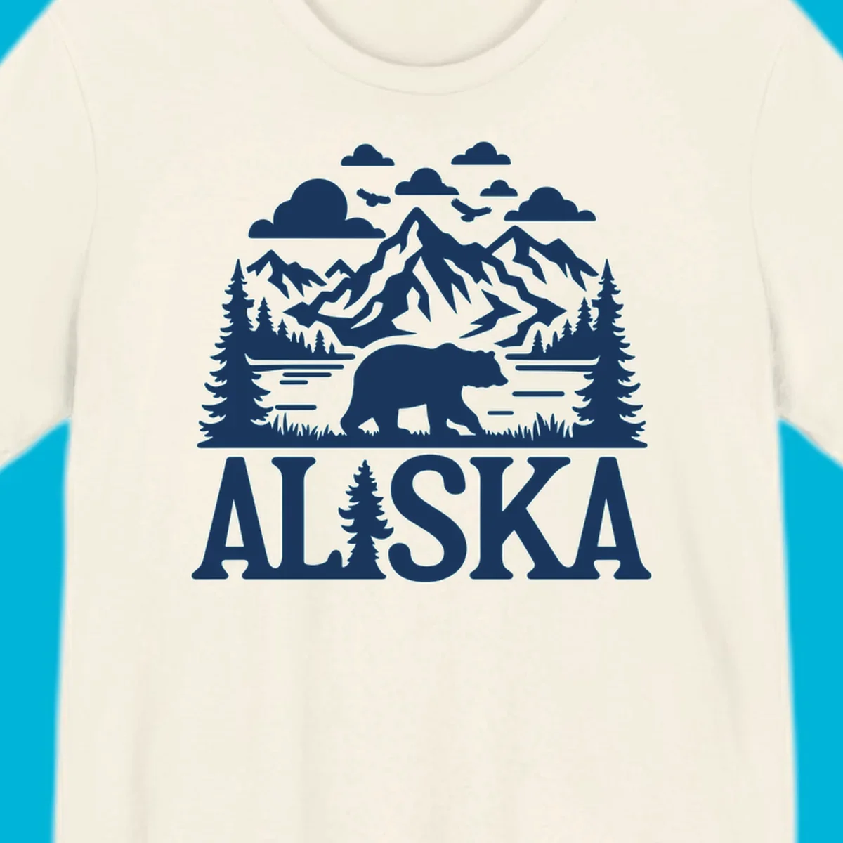 Graphic of an alaska-bear-mountain-view with a bear, mountains, forest, a lake, clouds, and birds, with 'ALASKA' text.