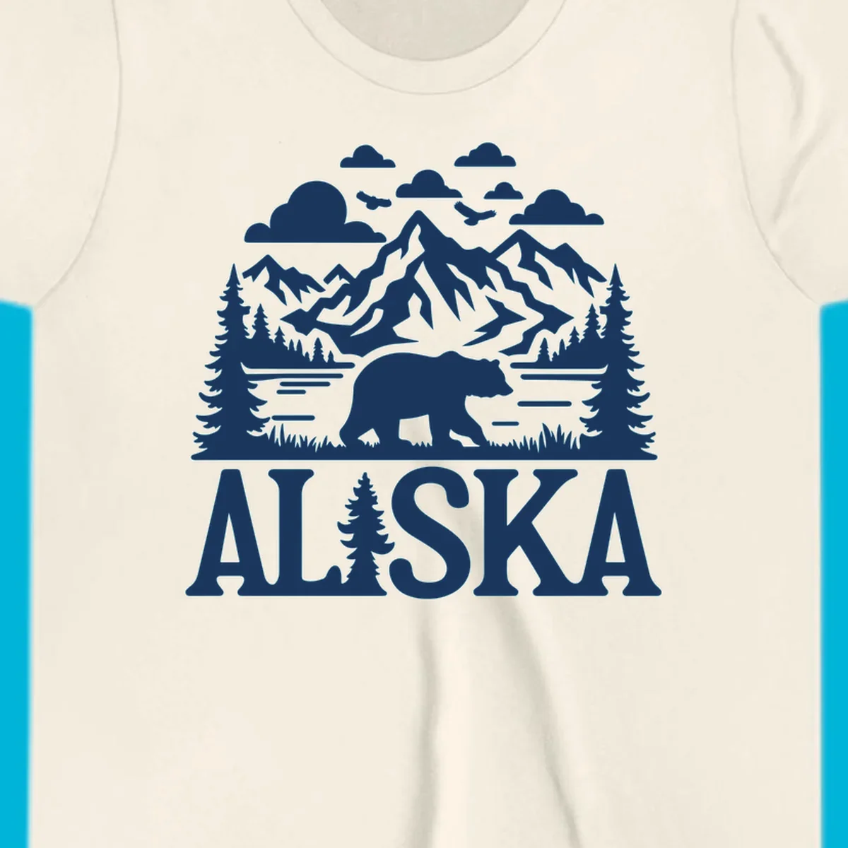 Graphic of an alaska-bear-mountain-view with a bear, mountains, forest, a lake, clouds, and birds, with 'ALASKA' text.