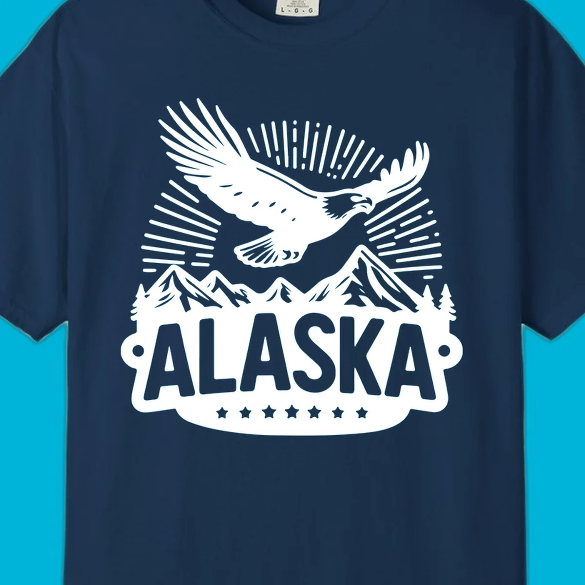 Vintage style Alaska eagle mountain view design with a soaring bald eagle over mountains and pine trees, with ALASKA text.