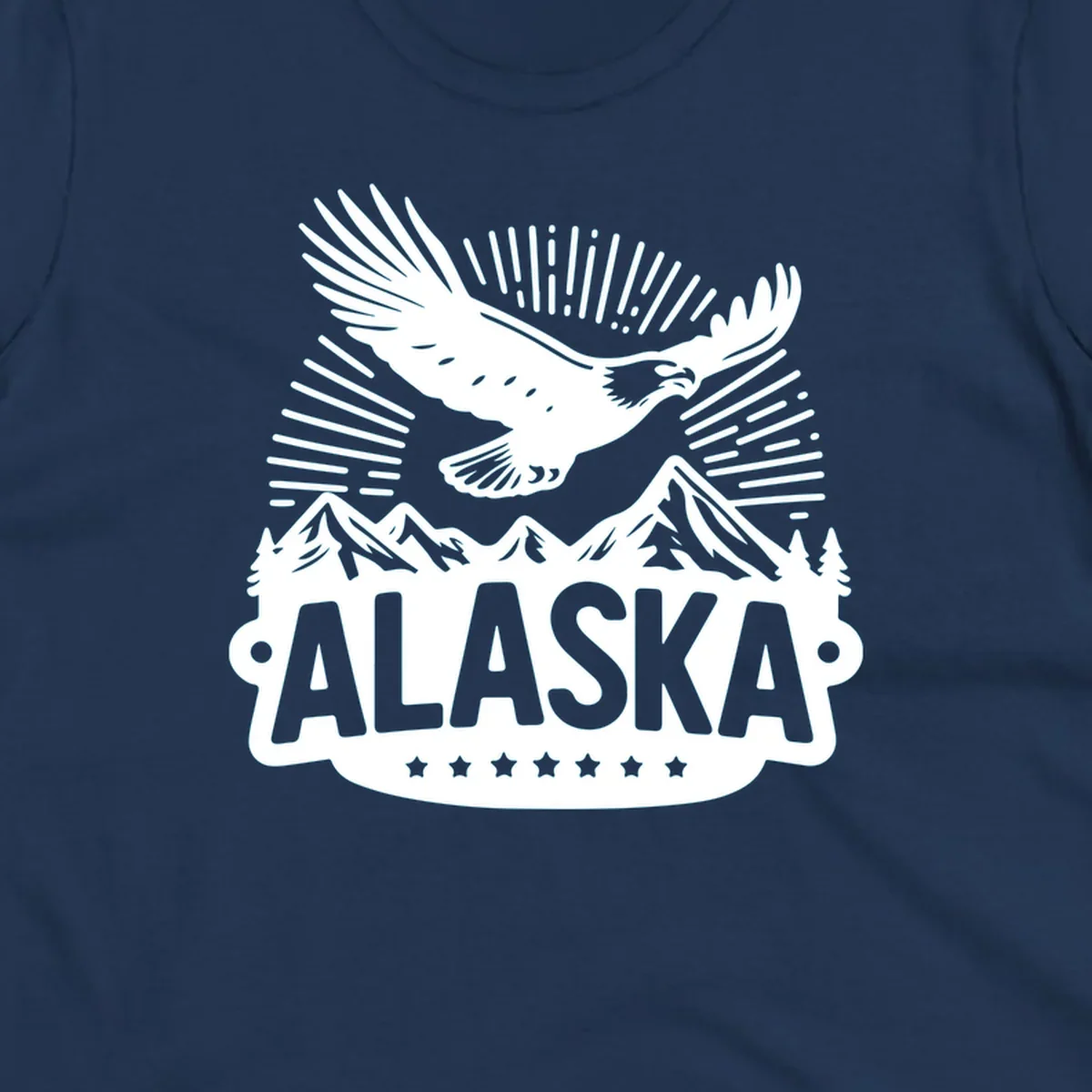 Vintage style Alaska eagle mountain view design with a soaring bald eagle over mountains and pine trees, with ALASKA text.
