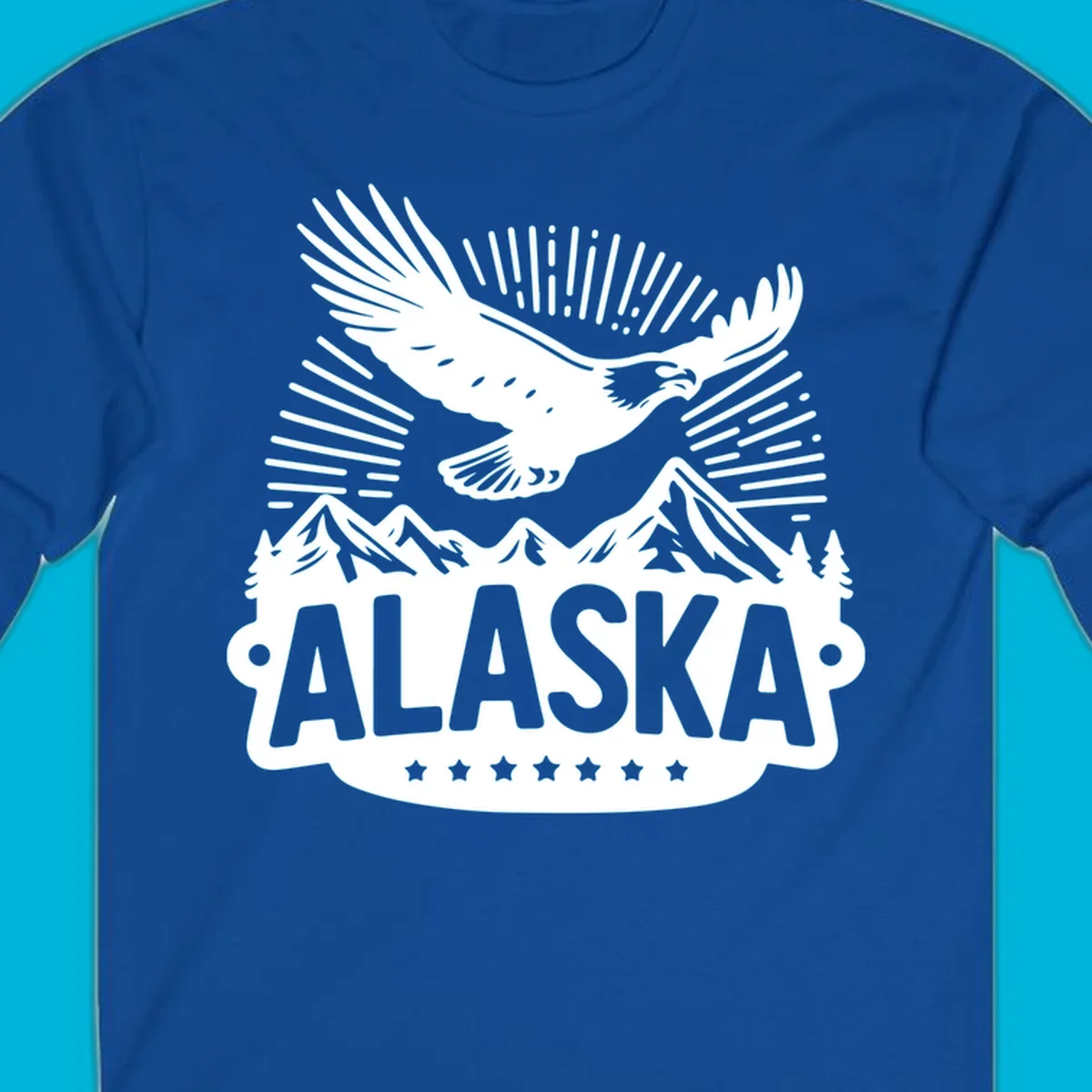 Vintage style Alaska eagle mountain view design with a soaring bald eagle over mountains and pine trees, with ALASKA text.
