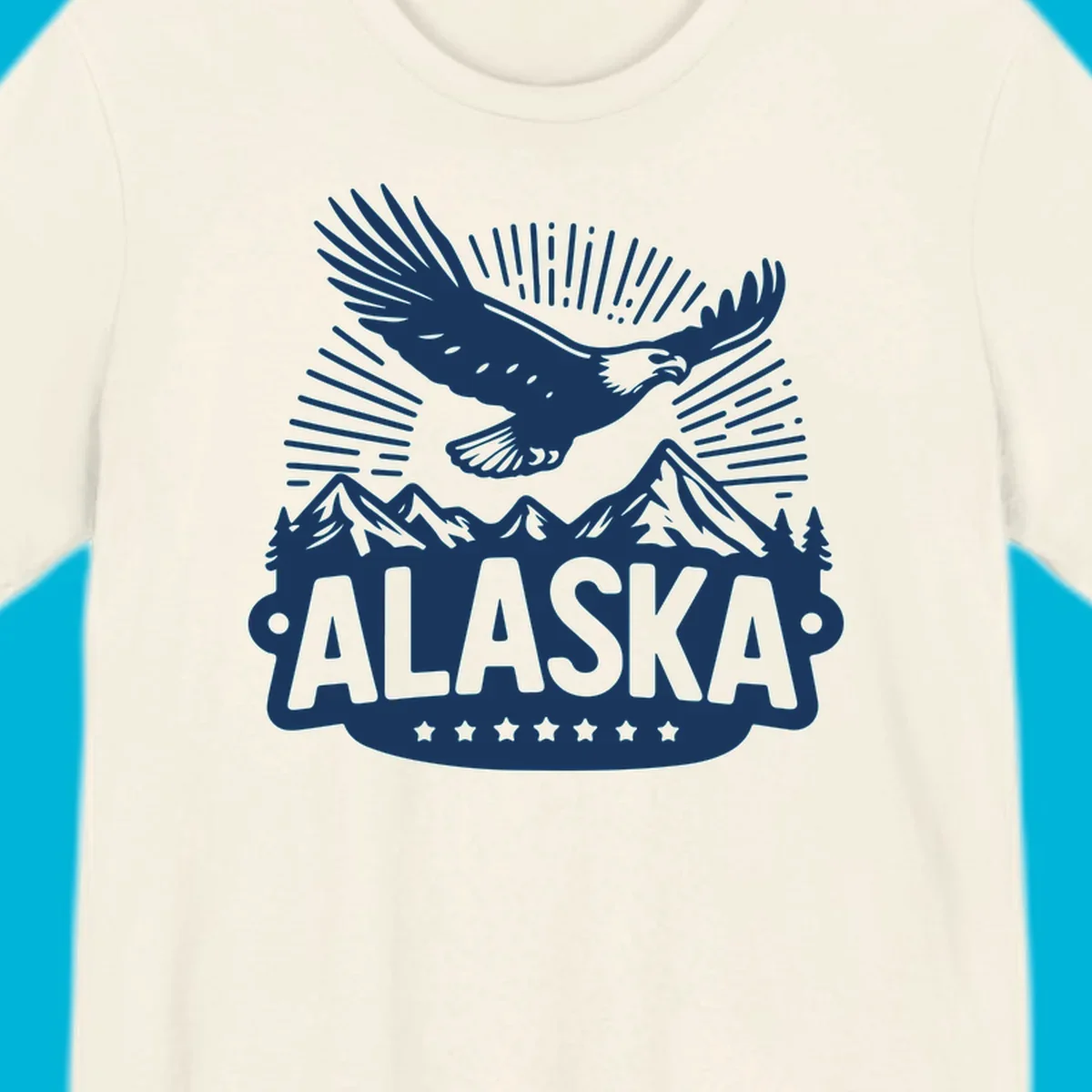 Vintage style Alaska eagle mountain view design with a soaring bald eagle over mountains and pine trees, with ALASKA text.