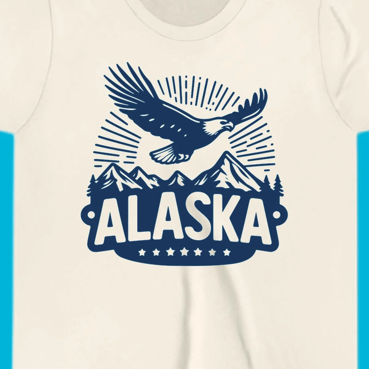 Vintage style Alaska eagle mountain view design with a soaring bald eagle over mountains and pine trees, with ALASKA text.