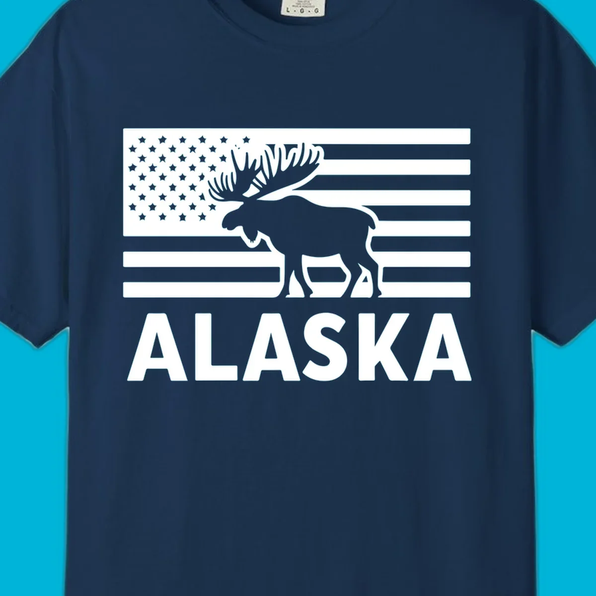 An American flag with a moose silhouette and 'ALASKA' text, featuring the alaska-moose-american-flag design.