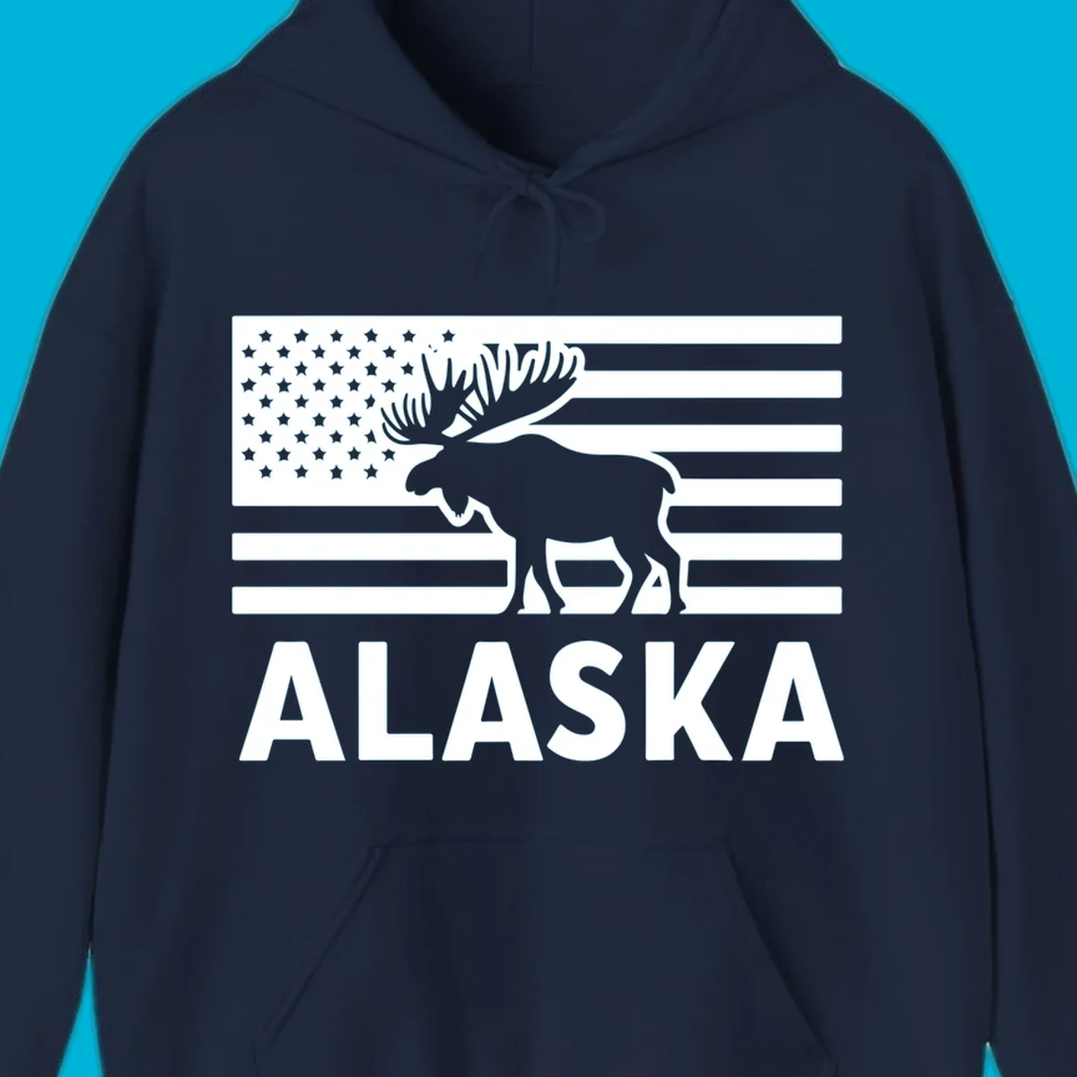 An American flag with a moose silhouette and 'ALASKA' text, featuring the alaska-moose-american-flag design.