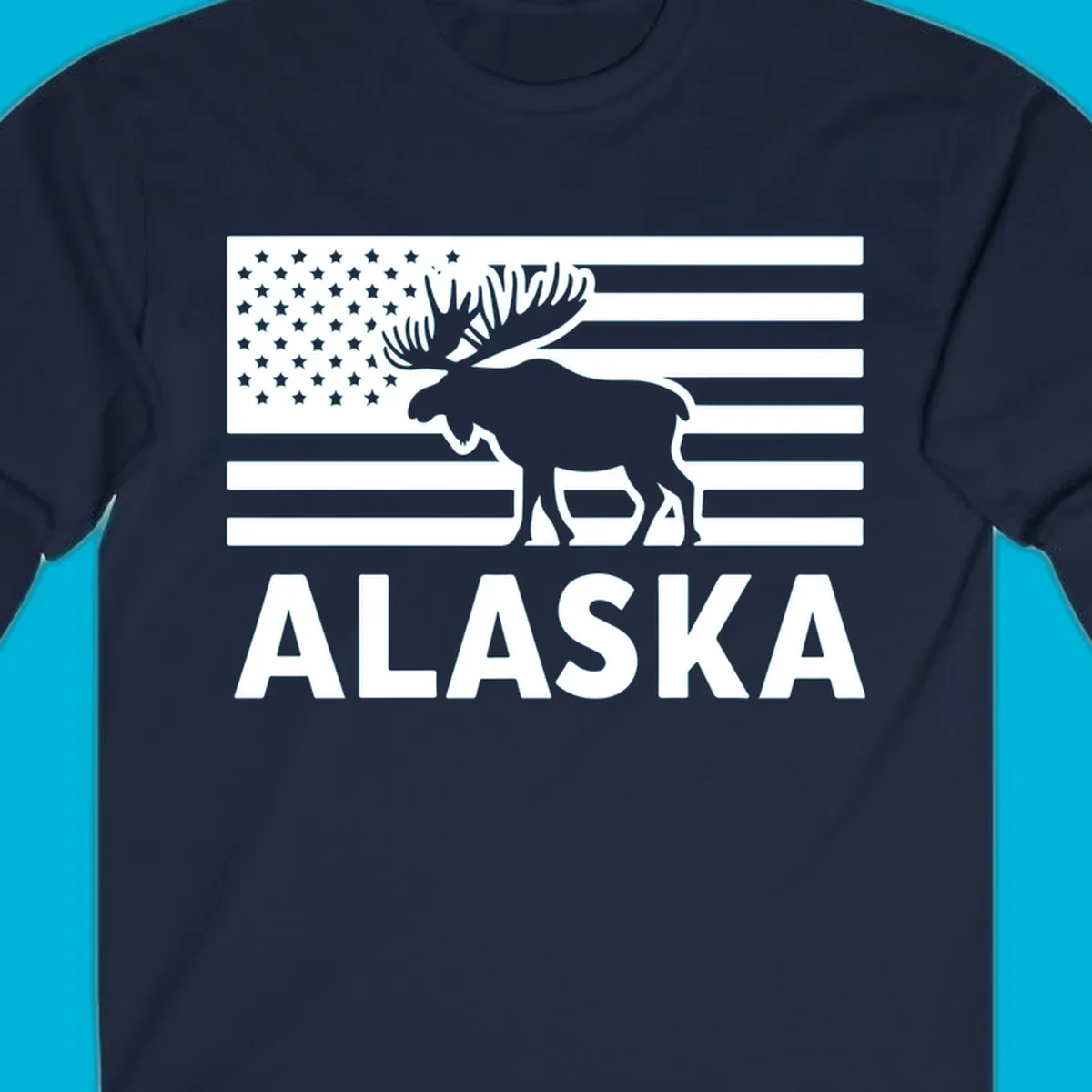 An American flag with a moose silhouette and 'ALASKA' text, featuring the alaska-moose-american-flag design.