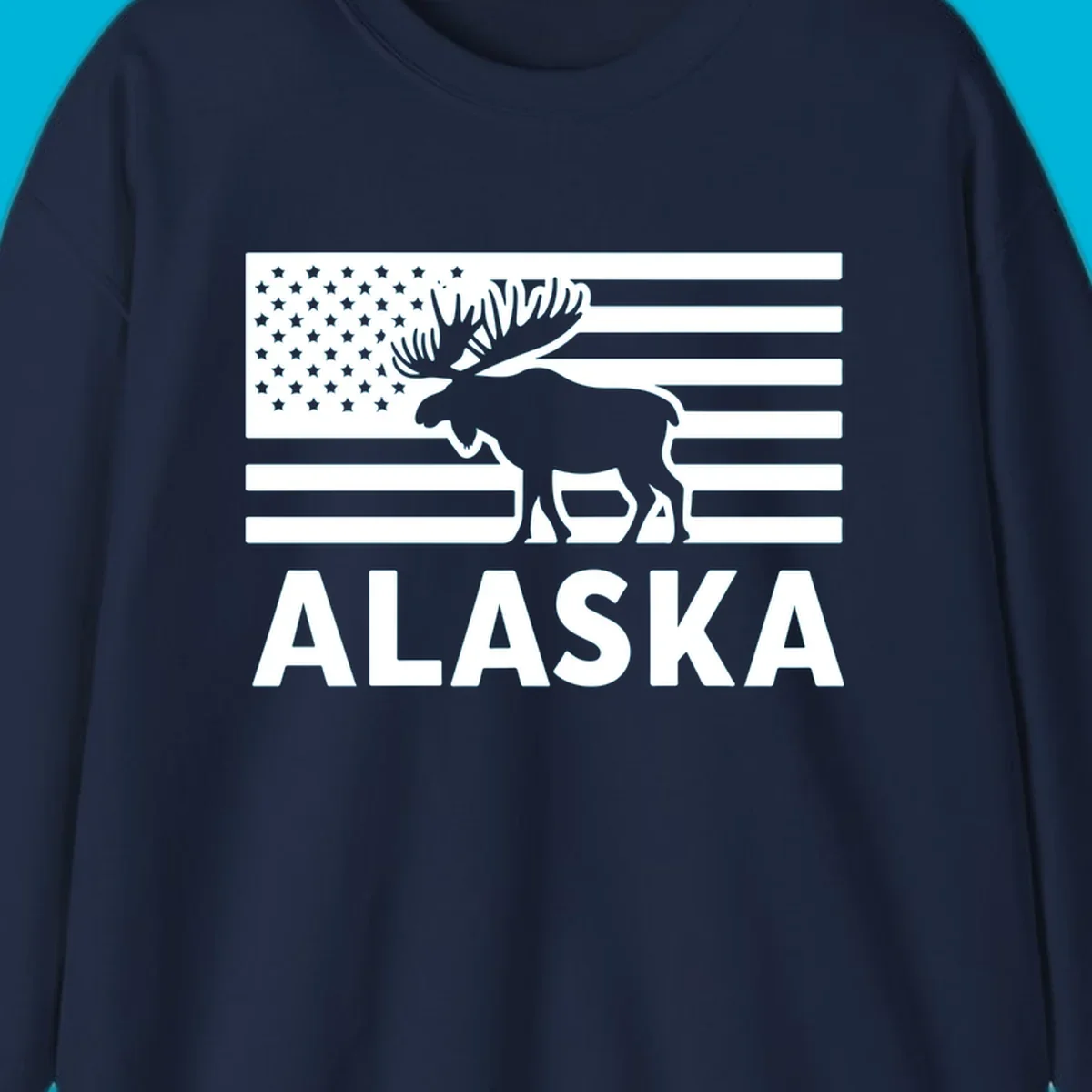 An American flag with a moose silhouette and 'ALASKA' text, featuring the alaska-moose-american-flag design.