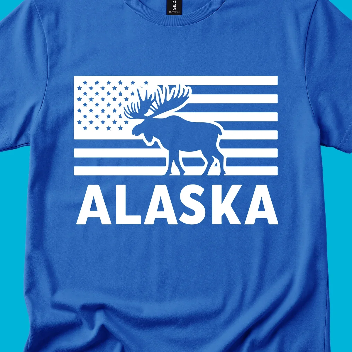 An American flag with a moose silhouette and 'ALASKA' text, featuring the alaska-moose-american-flag design.