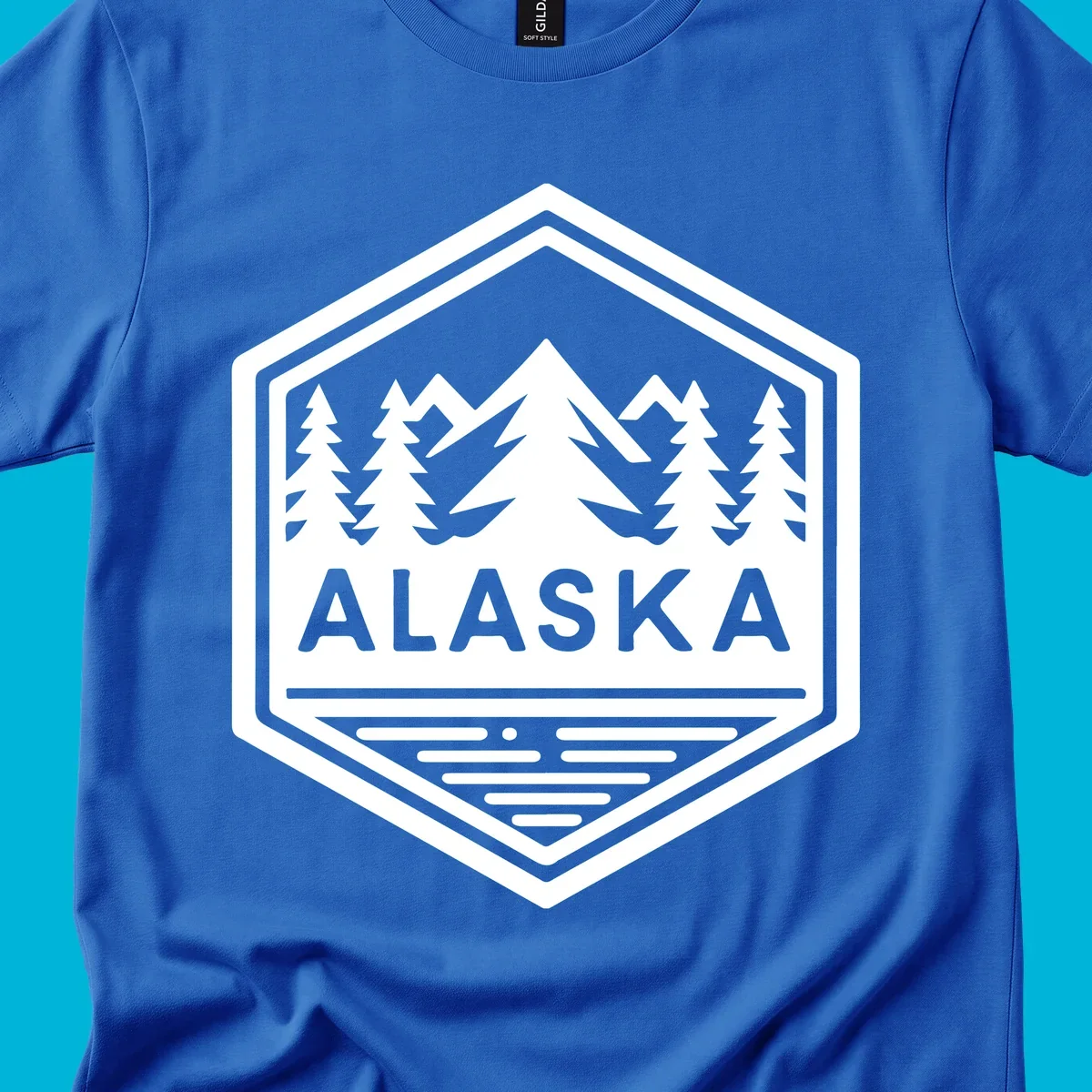 An Alaska mountain lake badge design in a hexagon shape, showing mountains, pine trees, and a lake below the ALASKA text.