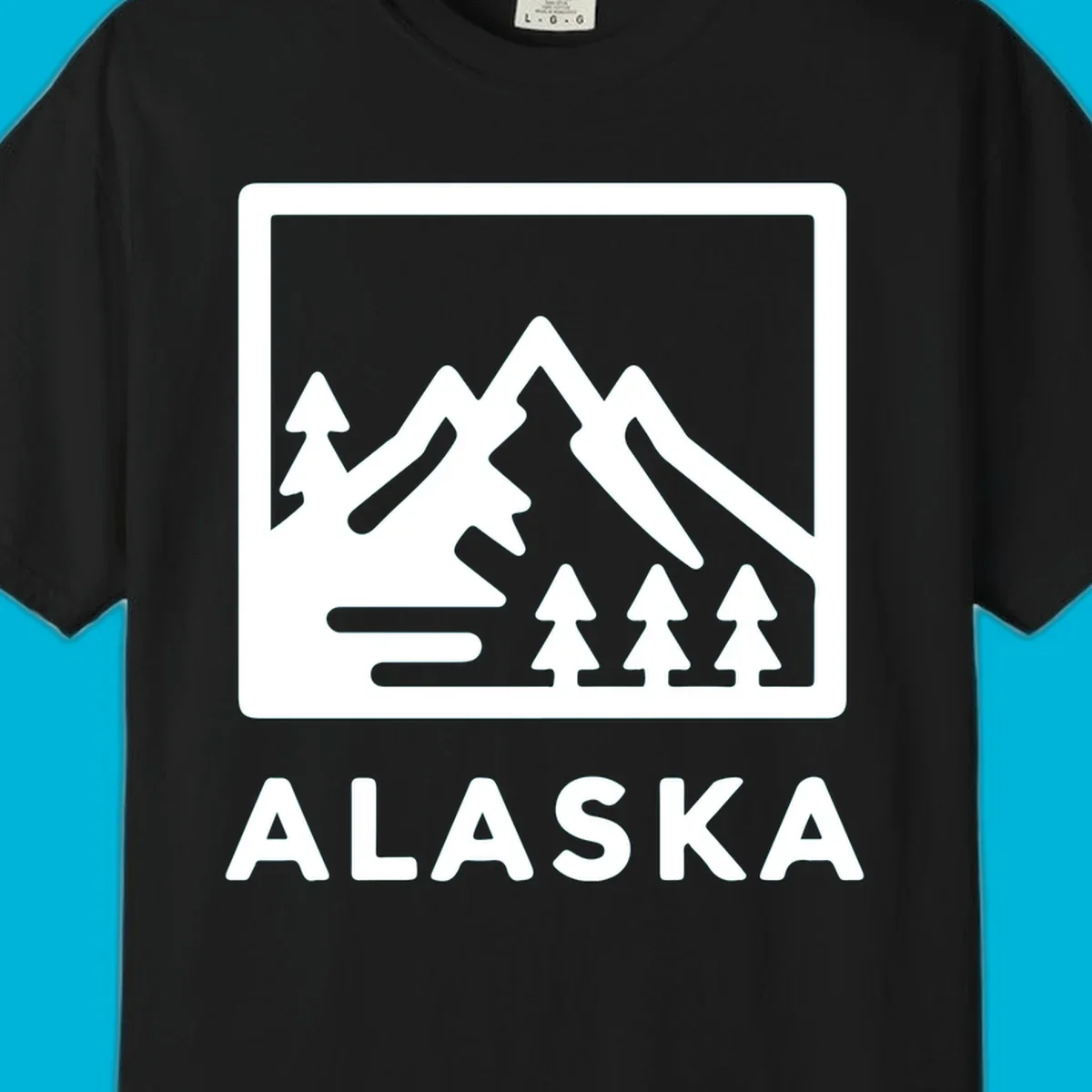 Vintage-style alaska-mountain-forest-scene with three peaks, pine trees, and the word ALASKA within a rectangular frame.