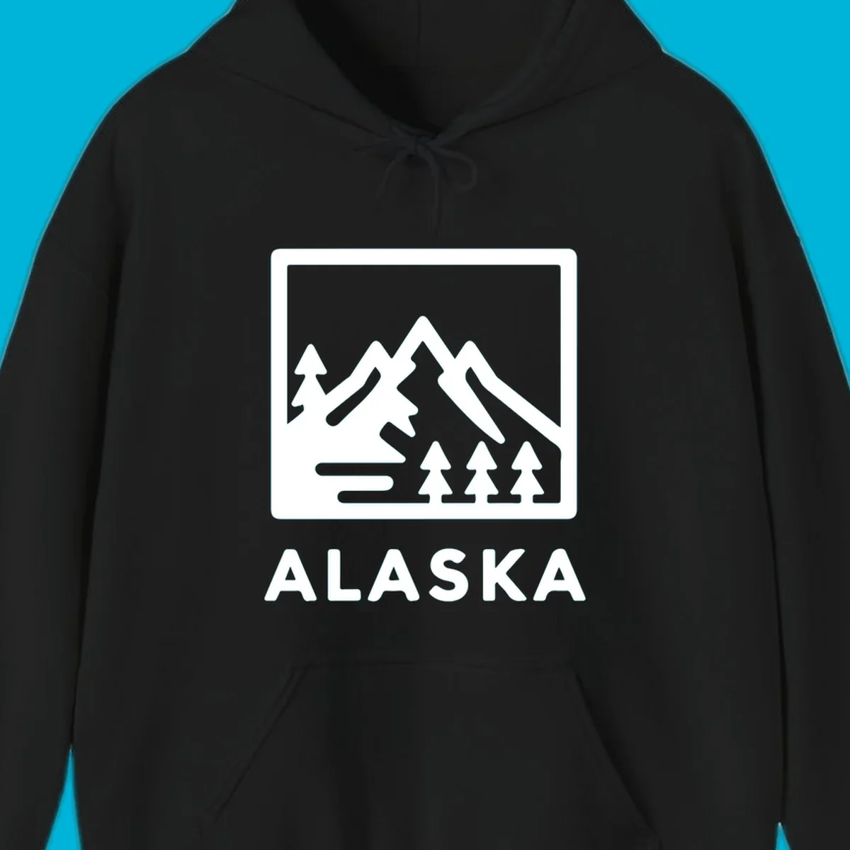 Vintage-style alaska-mountain-forest-scene with three peaks, pine trees, and the word ALASKA within a rectangular frame.