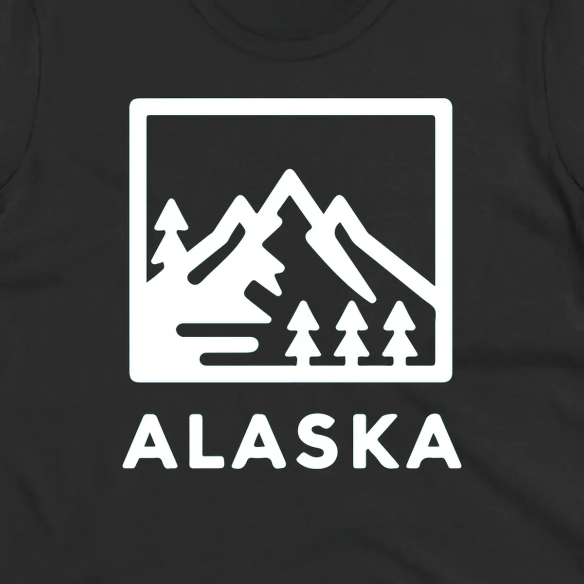 Vintage-style alaska-mountain-forest-scene with three peaks, pine trees, and the word ALASKA within a rectangular frame.