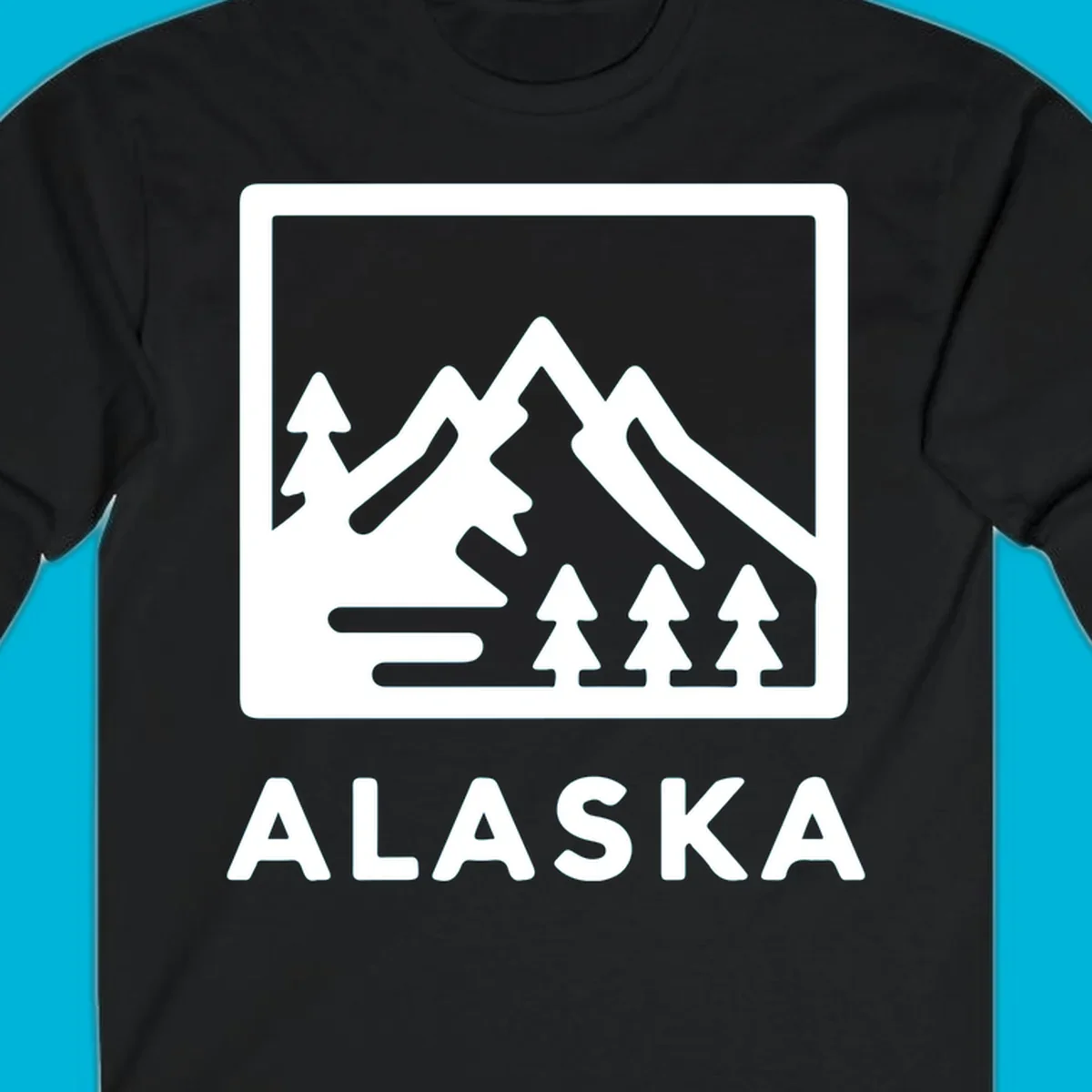Vintage-style alaska-mountain-forest-scene with three peaks, pine trees, and the word ALASKA within a rectangular frame.