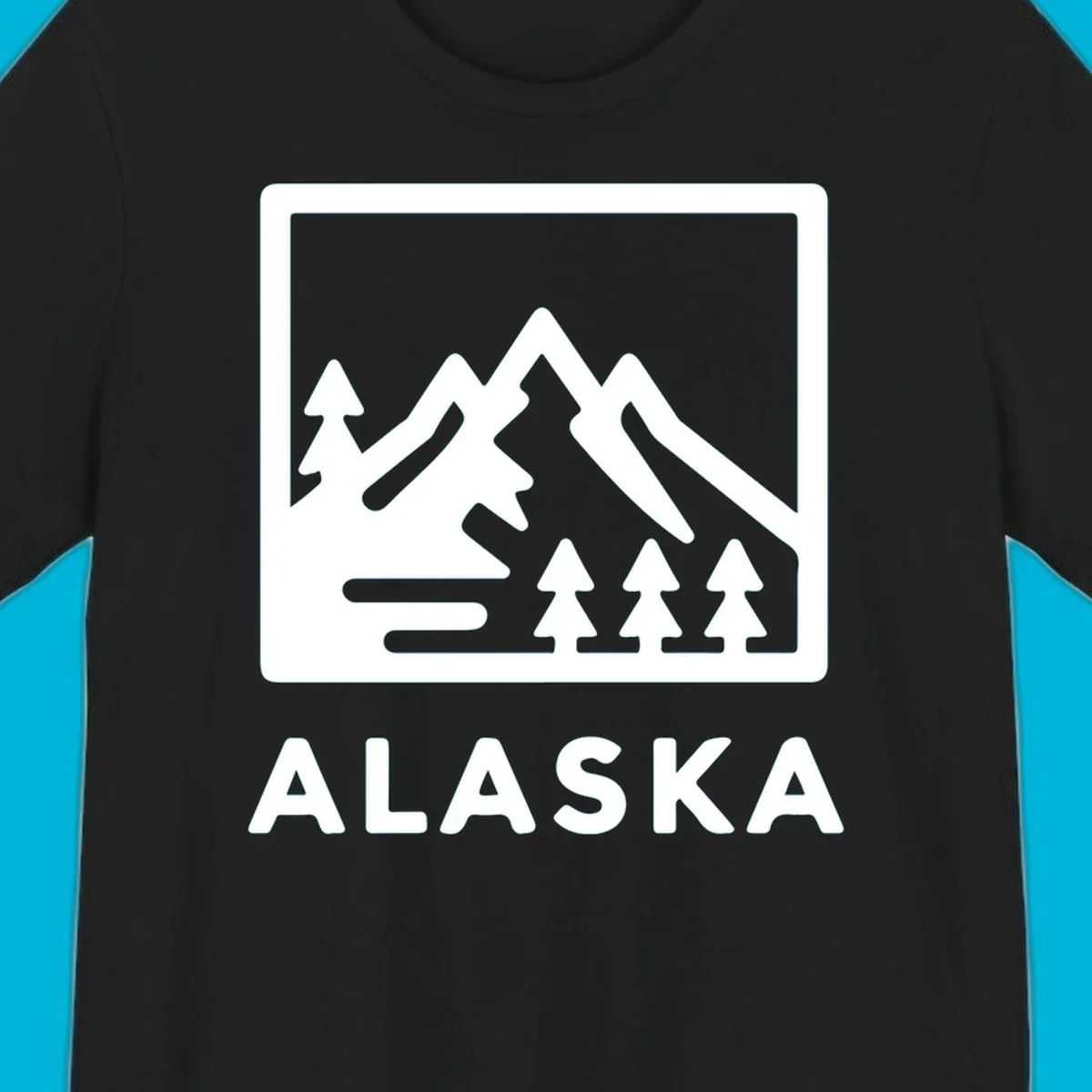 Vintage-style alaska-mountain-forest-scene with three peaks, pine trees, and the word ALASKA within a rectangular frame.